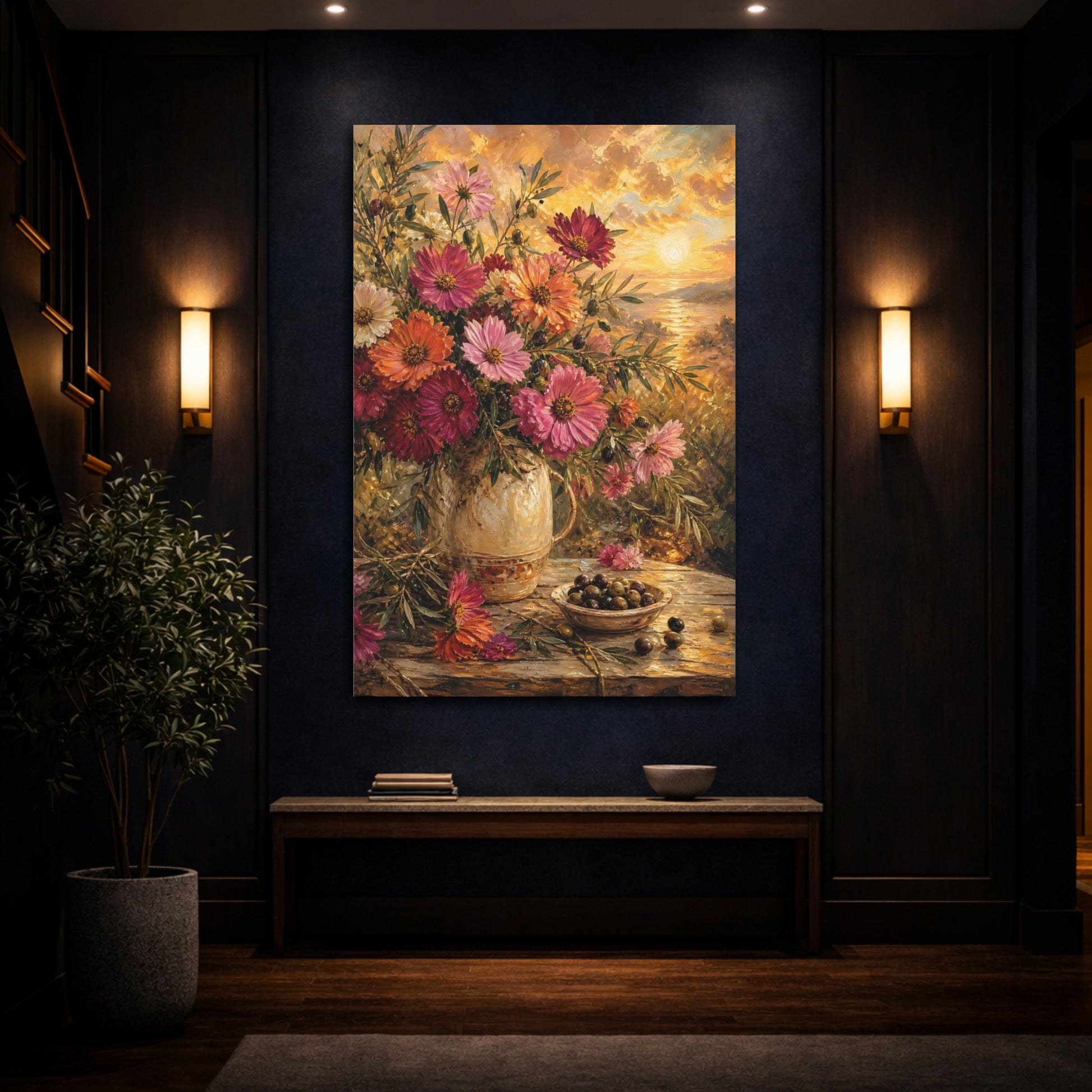 Mockup 4. Floral Floral Bouquet Golden Hour Still Life shown as stretched canvas wall art