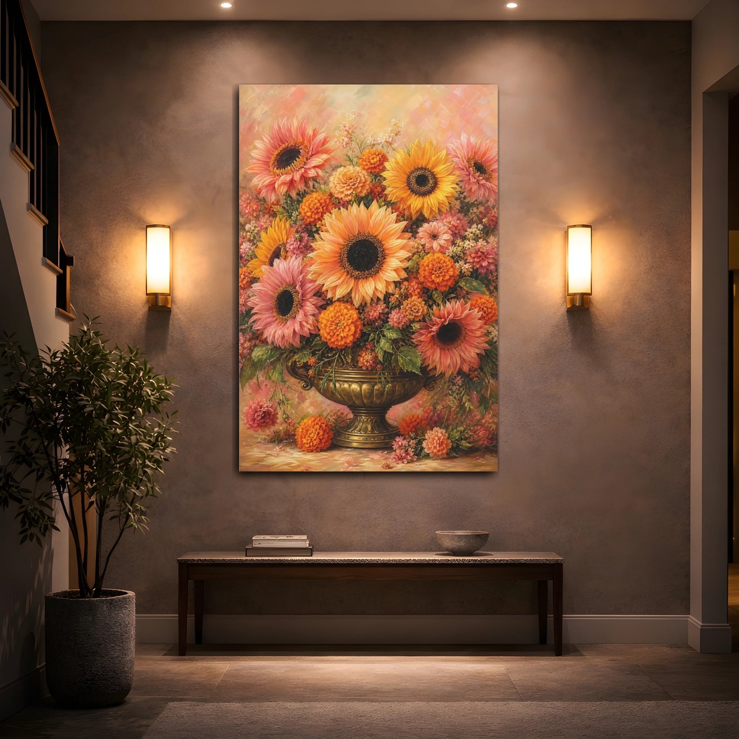 Mockup 2. Floral Floral Bouquet Orange Pink Floral shown as stretched canvas wall art
