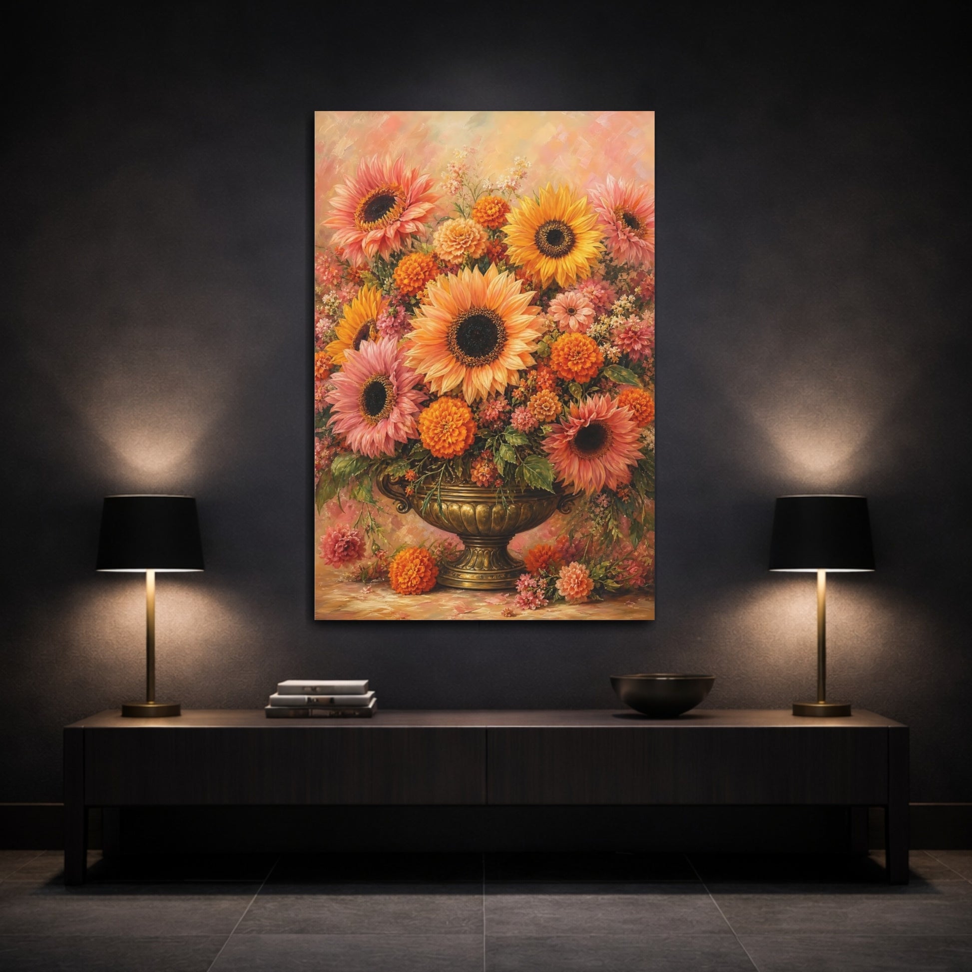 Mockup 3. Floral Floral Bouquet Orange Pink Floral shown as stretched canvas wall art