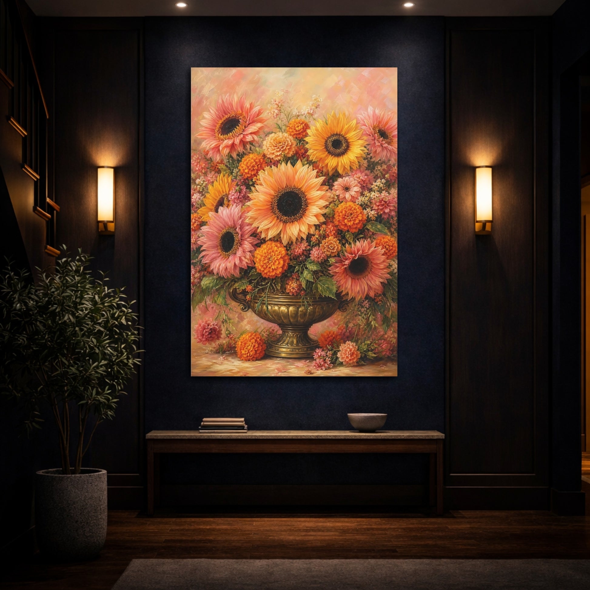 Mockup 4. Floral Floral Bouquet Orange Pink Floral shown as stretched canvas wall art