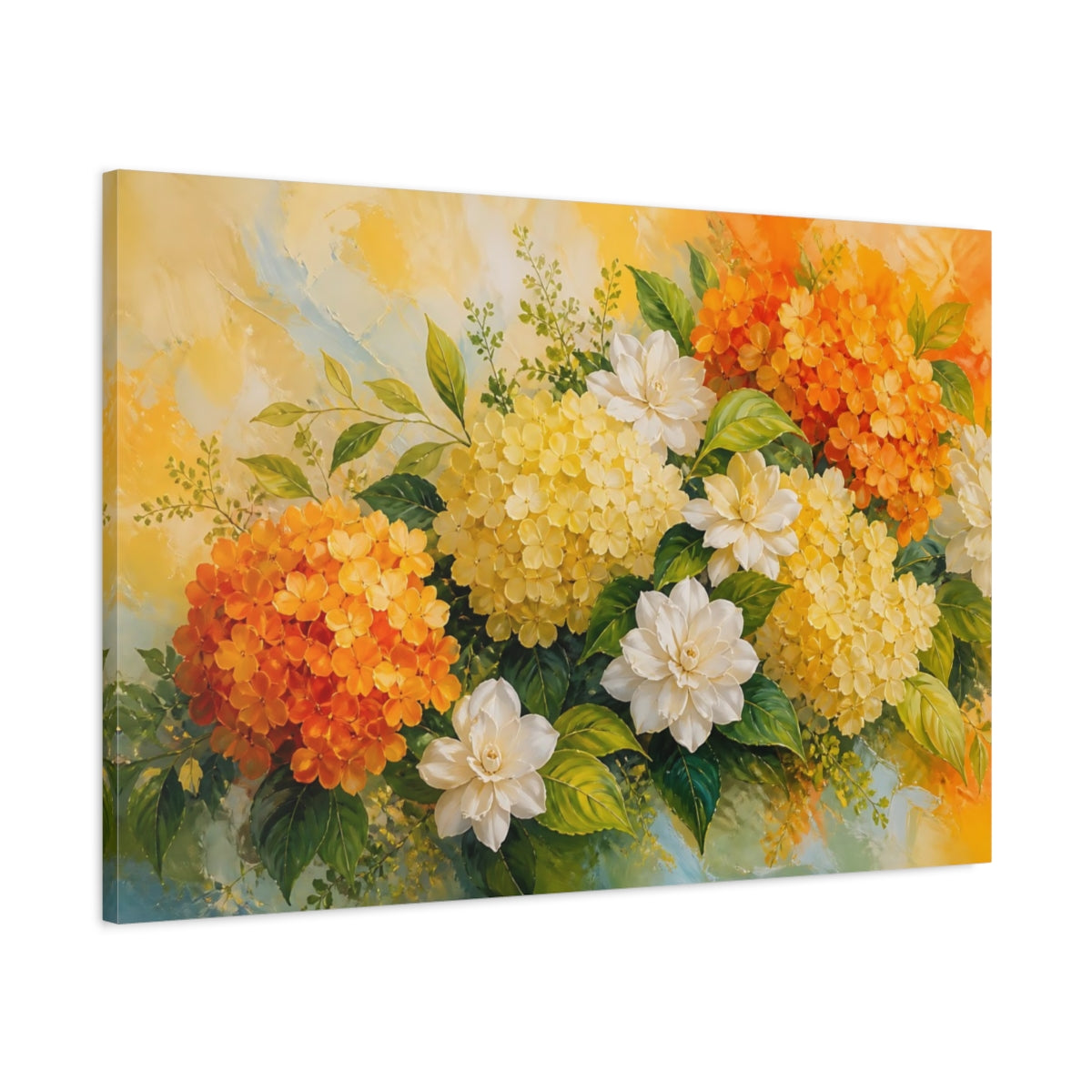 Main Mockup. Floral Floral Bouquet Orange Yellow Flowers shown as stretched canvas wall art