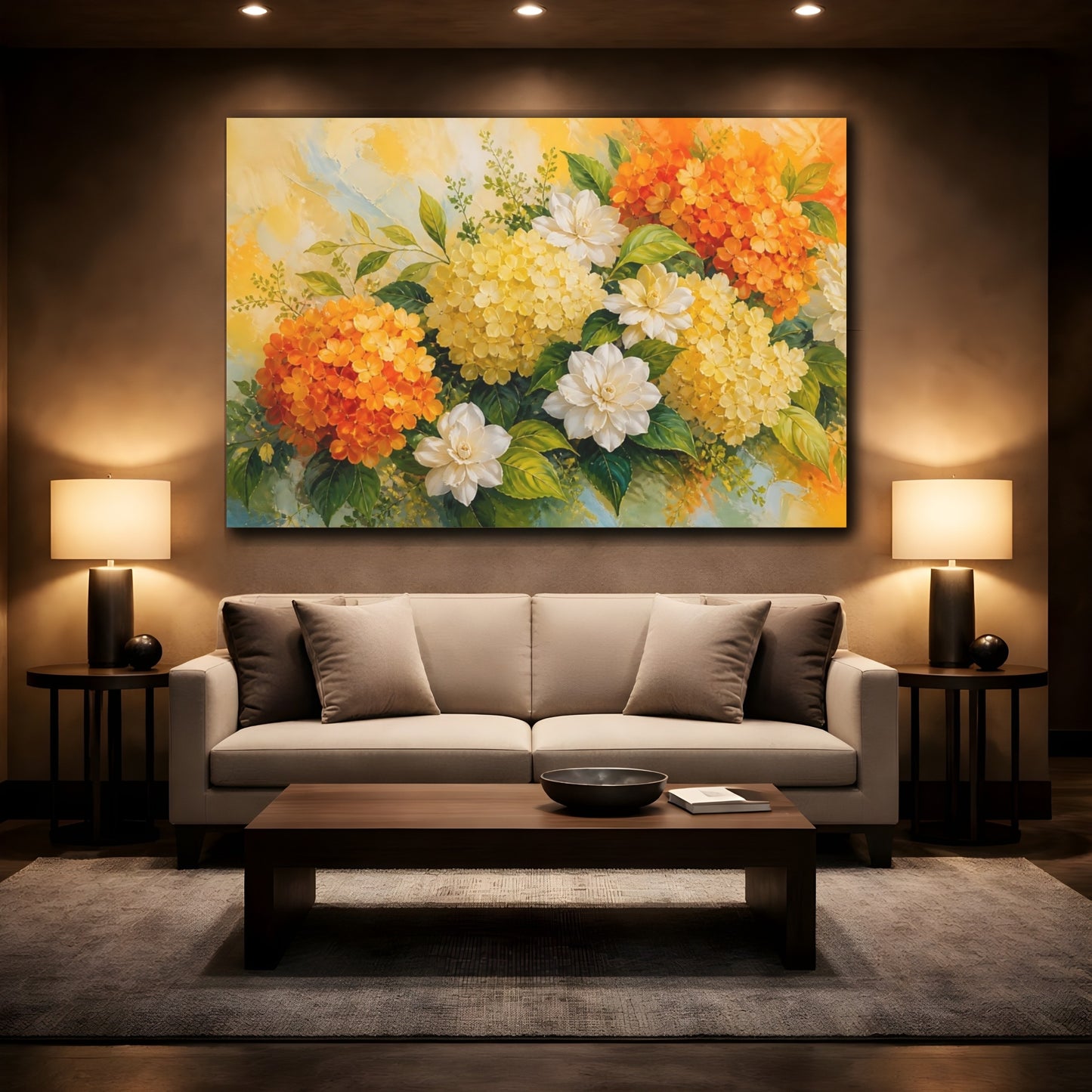 Mockup 2. Floral Floral Bouquet Orange Yellow Flowers shown as stretched canvas wall art