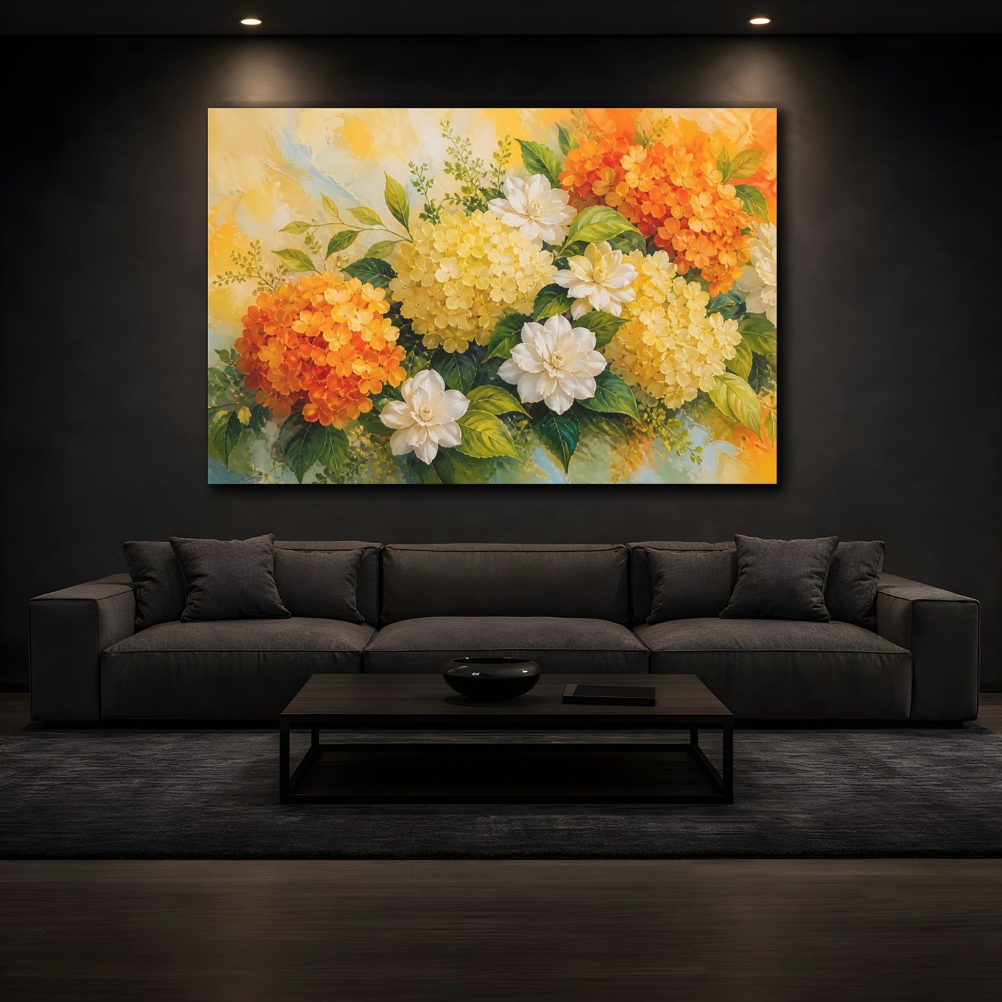 Mockup 3. Floral Floral Bouquet Orange Yellow Flowers shown as stretched canvas wall art