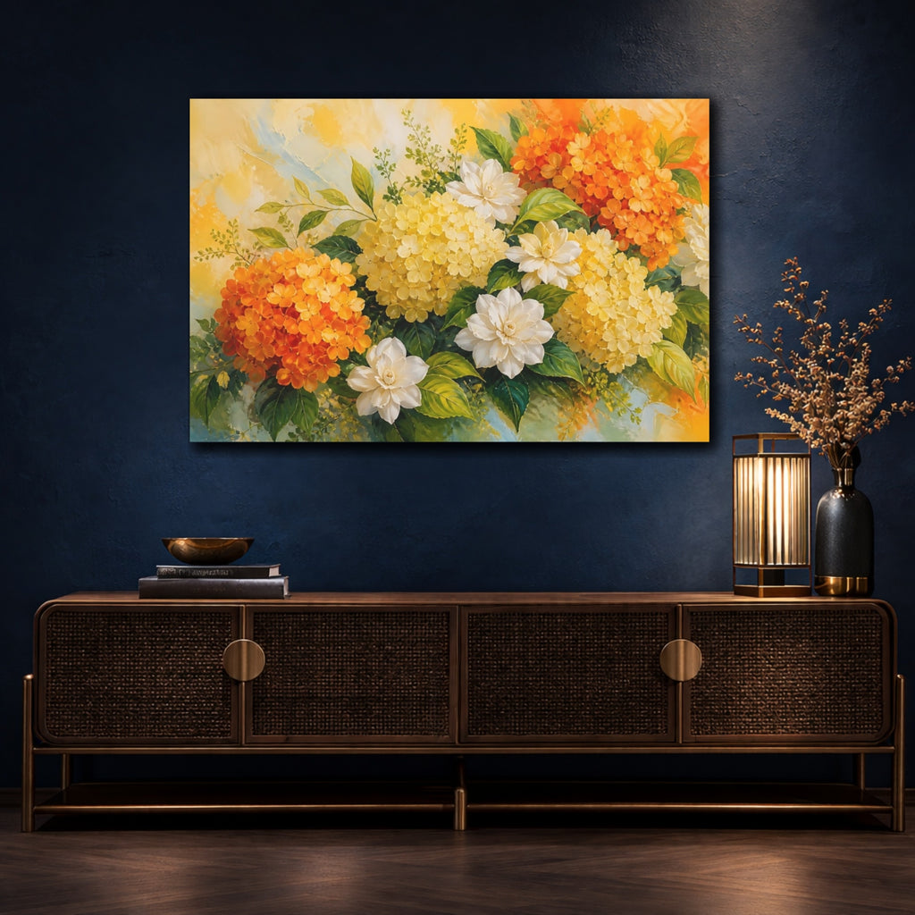 Mockup 4. Floral Floral Bouquet Orange Yellow Flowers shown as stretched canvas wall art