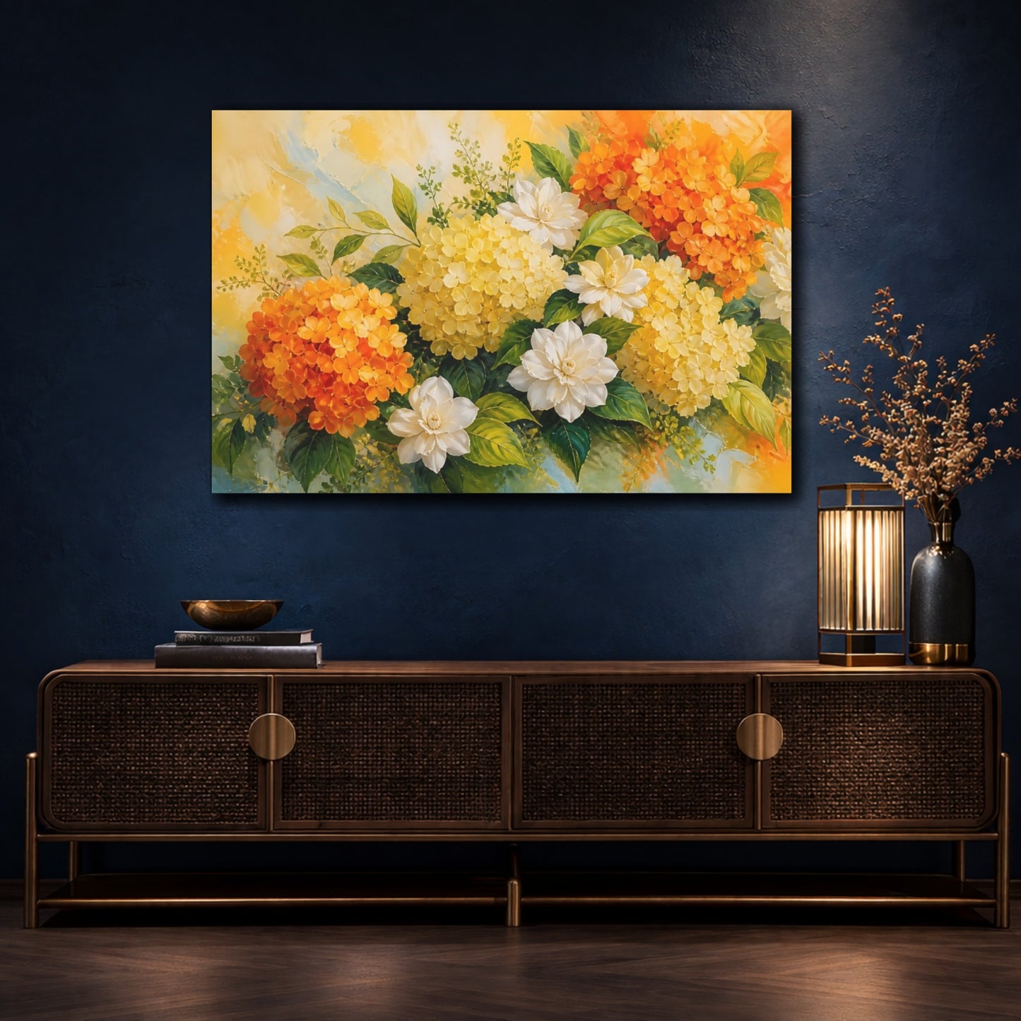 Mockup 4. Floral Floral Bouquet Orange Yellow Flowers shown as stretched canvas wall art