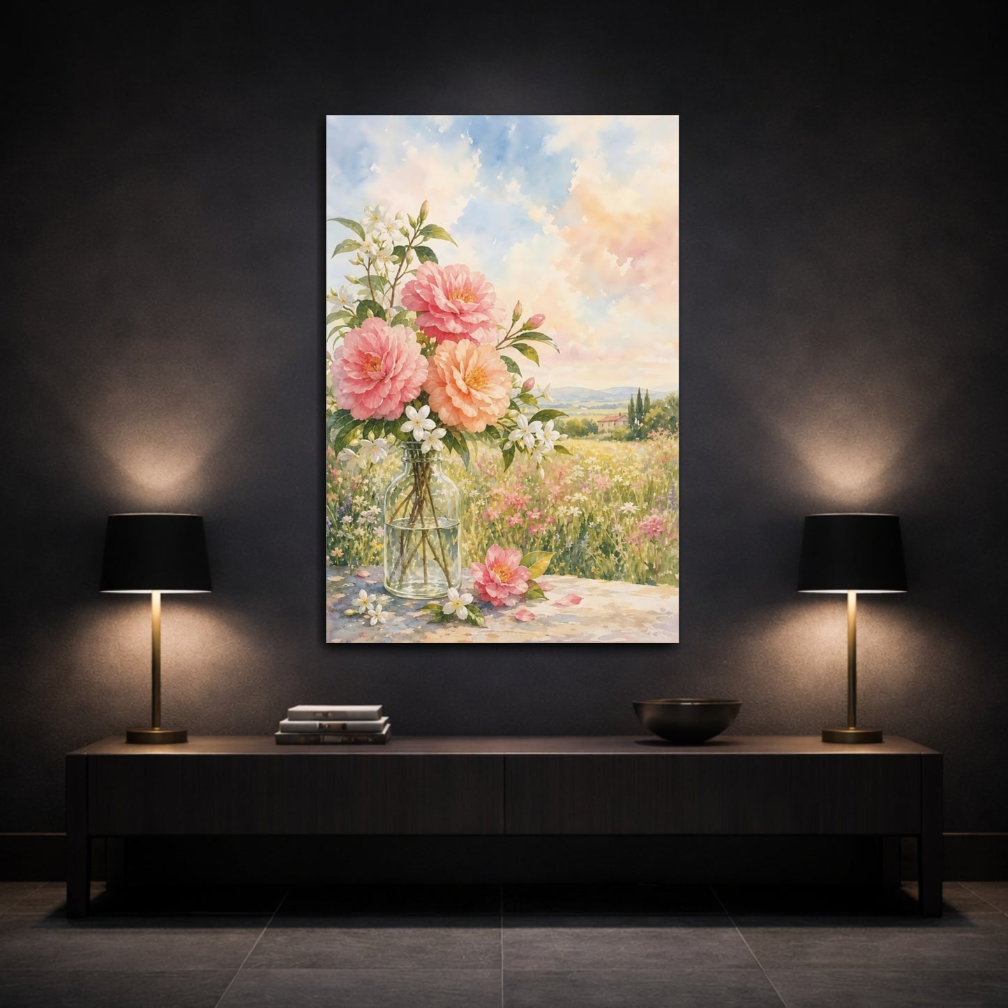 Mockup 3. Floral Floral Bouquet Pastel Floral shown as stretched canvas wall art