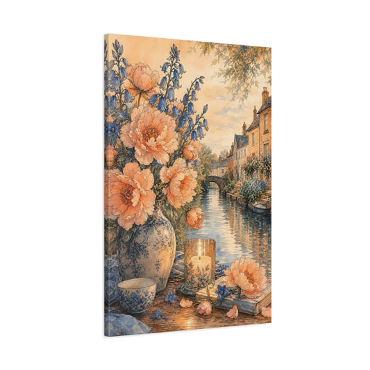 Main Mockup. Floral Floral Bouquet Peach Blue Floral shown as stretched canvas wall art