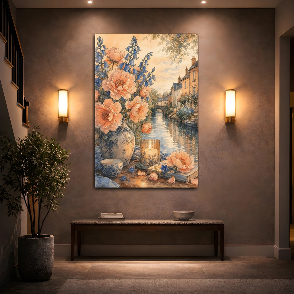 Mockup 2. Floral Floral Bouquet Peach Blue Floral shown as stretched canvas wall art