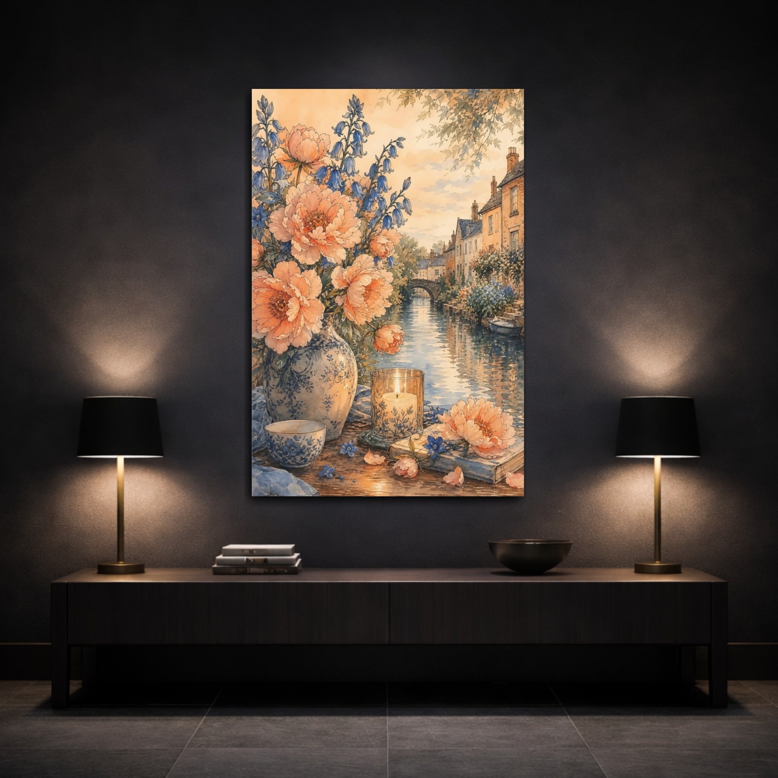 Mockup 3. Floral Floral Bouquet Peach Blue Floral shown as stretched canvas wall art