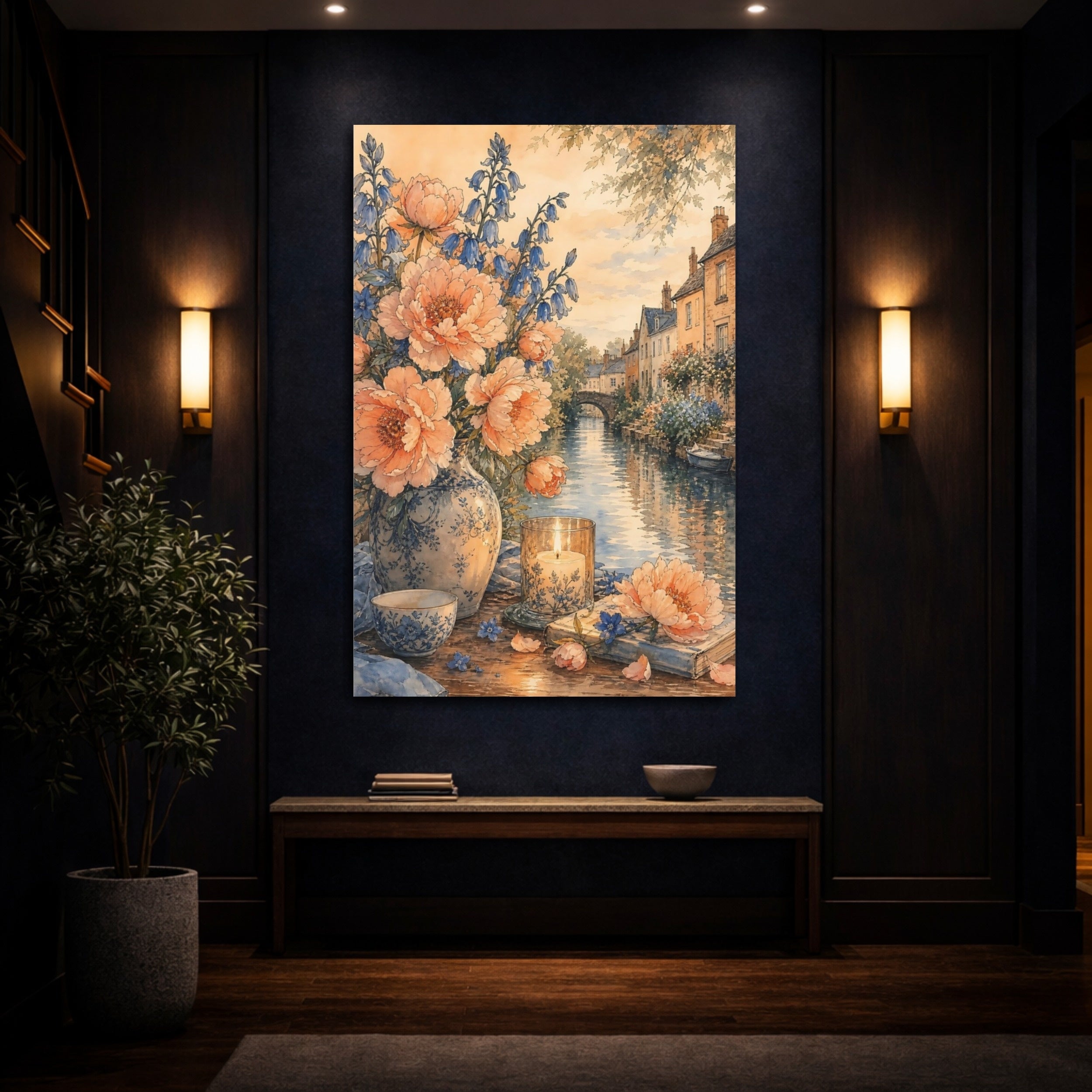 Mockup 4. Floral Floral Bouquet Peach Blue Floral shown as stretched canvas wall art