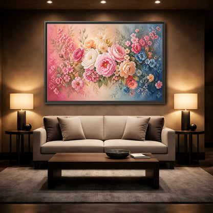 Mockup 2. Floral Floral Bouquet Pink Blue Floral shown as stretched canvas wall art