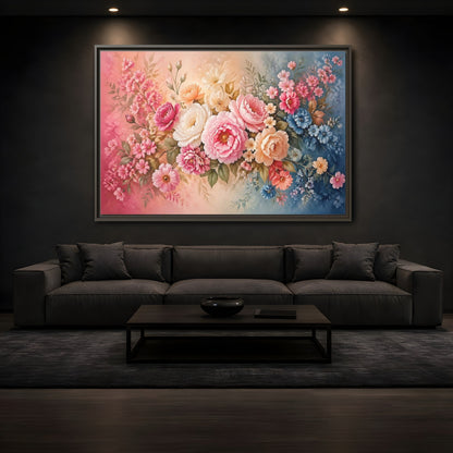Mockup 3. Floral Floral Bouquet Pink Blue Floral shown as stretched canvas wall art