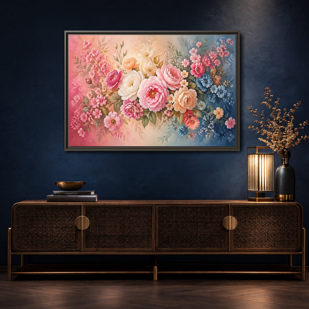 Mockup 4. Floral Floral Bouquet Pink Blue Floral shown as stretched canvas wall art