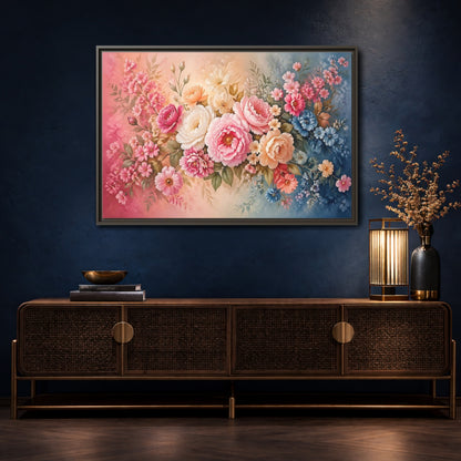 Mockup 4. Floral Floral Bouquet Pink Blue Floral shown as stretched canvas wall art