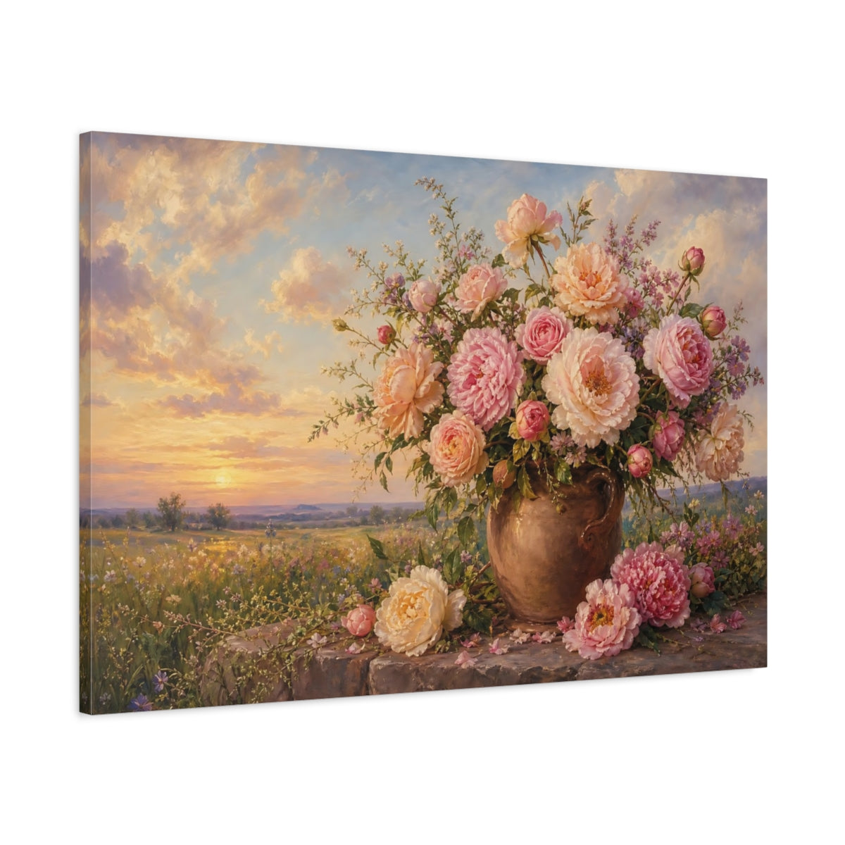 Main Mockup. Floral Floral Bouquet Pink Floral Sunset shown as stretched canvas wall art