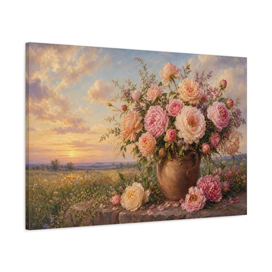 Main Mockup. Floral Floral Bouquet Pink Floral Sunset shown as stretched canvas wall art