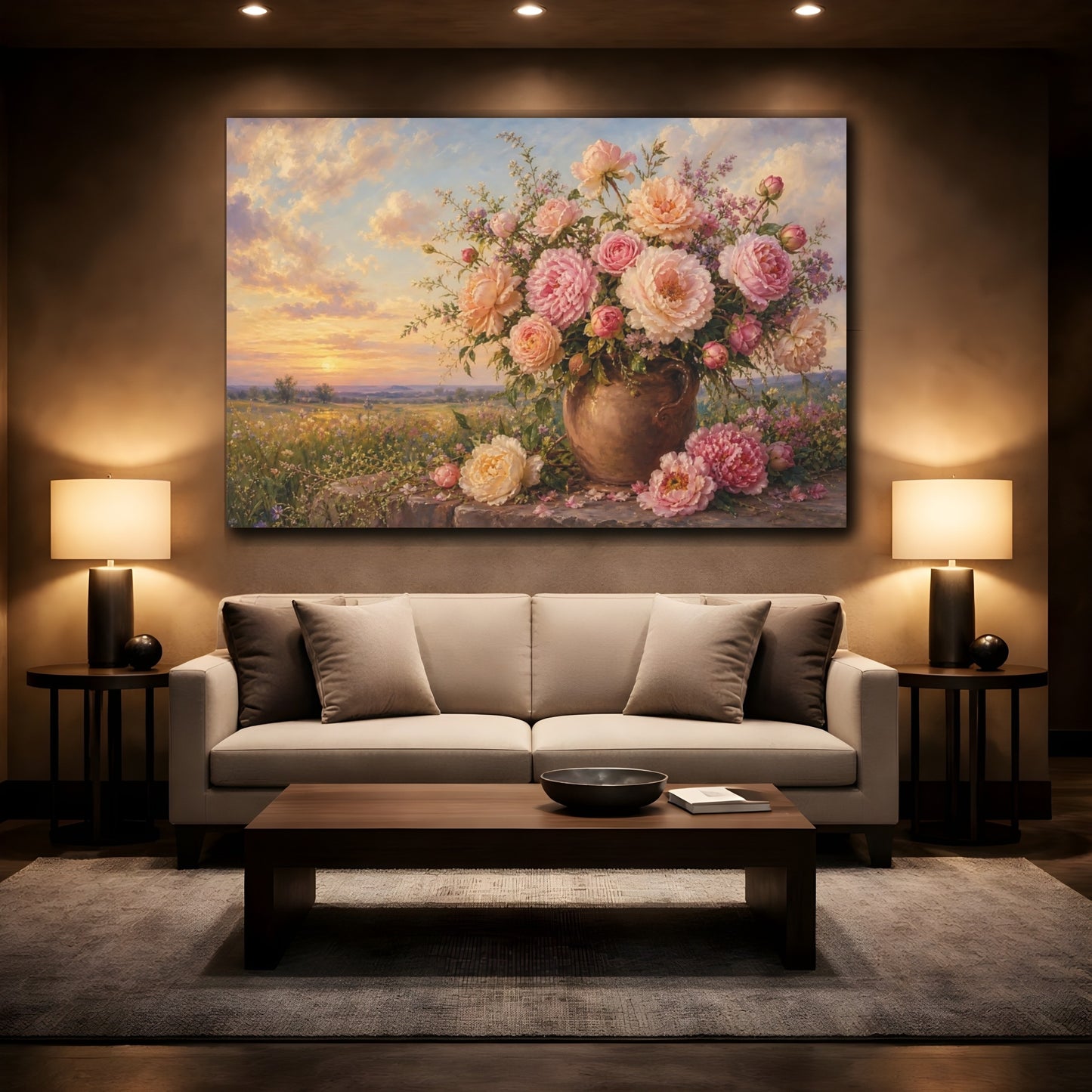 Mockup 2. Floral Floral Bouquet Pink Floral Sunset shown as stretched canvas wall art