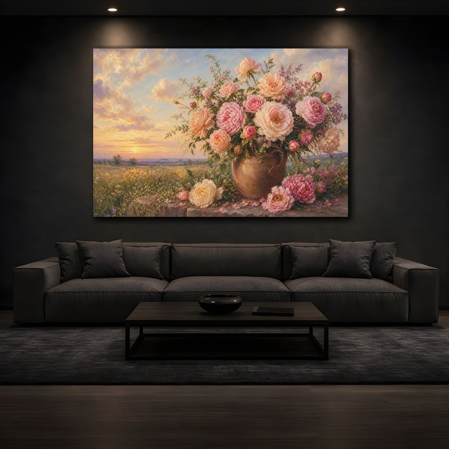 Mockup 3. Floral Floral Bouquet Pink Floral Sunset shown as stretched canvas wall art