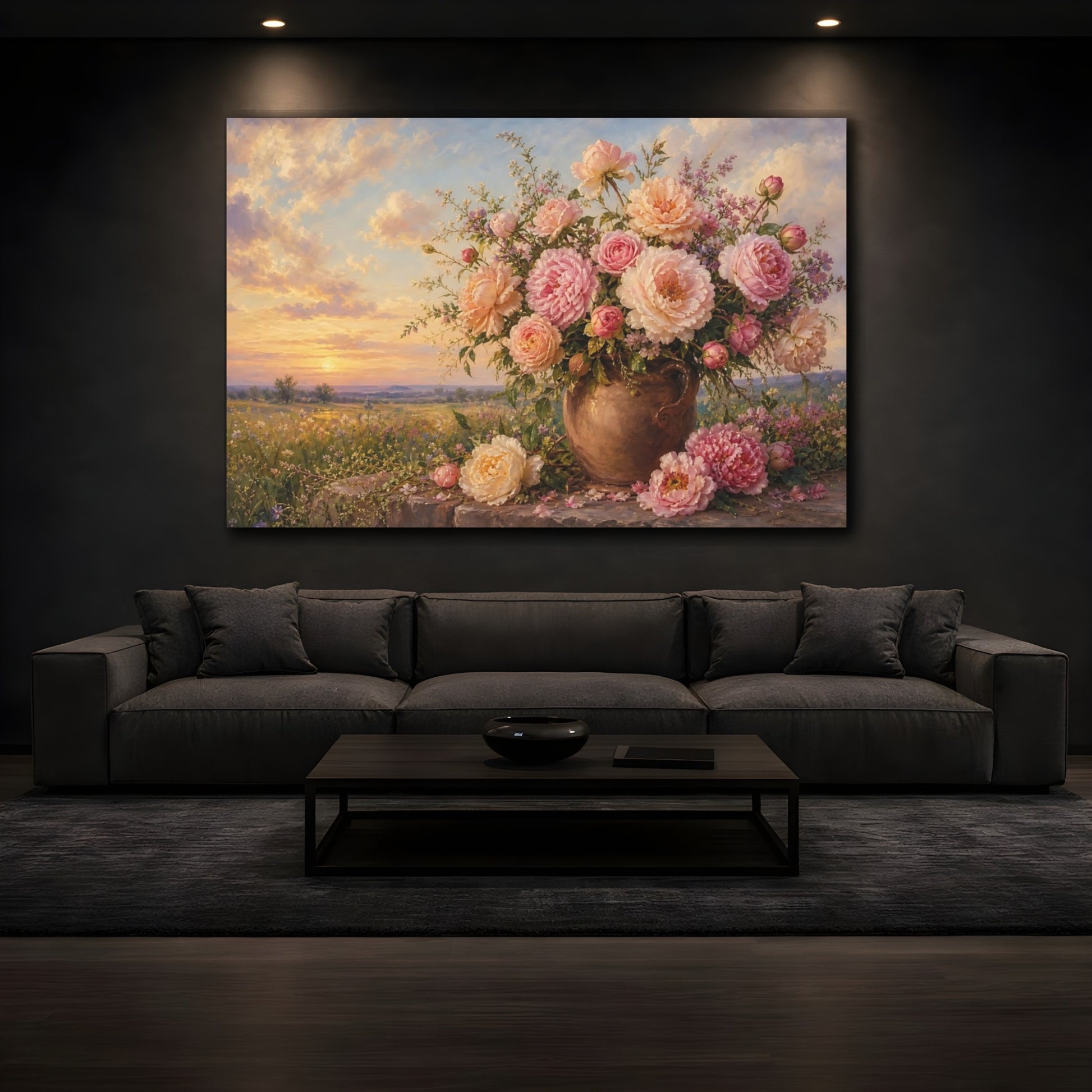 Mockup 3. Floral Floral Bouquet Pink Floral Sunset shown as stretched canvas wall art