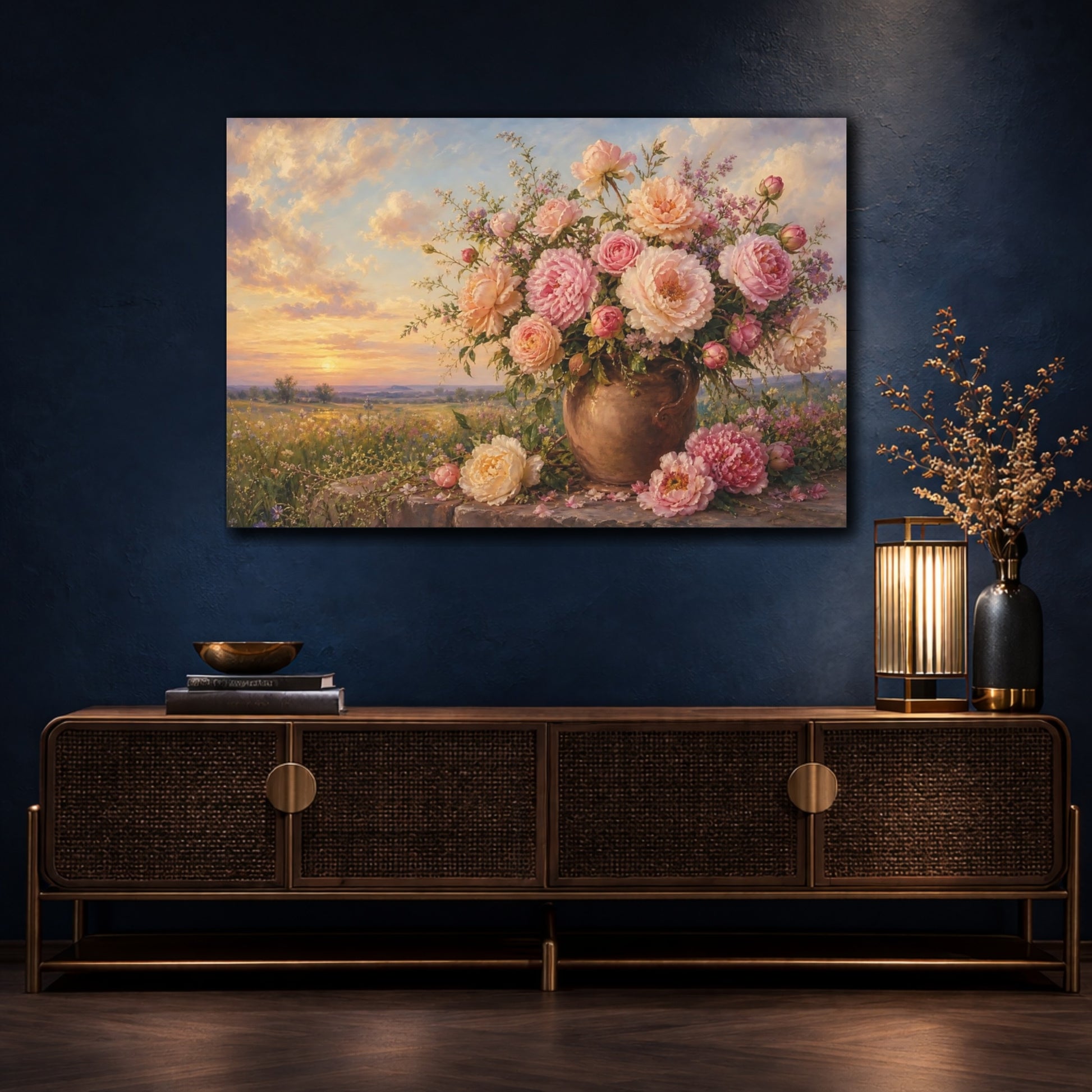 Mockup 4. Floral Floral Bouquet Pink Floral Sunset shown as stretched canvas wall art