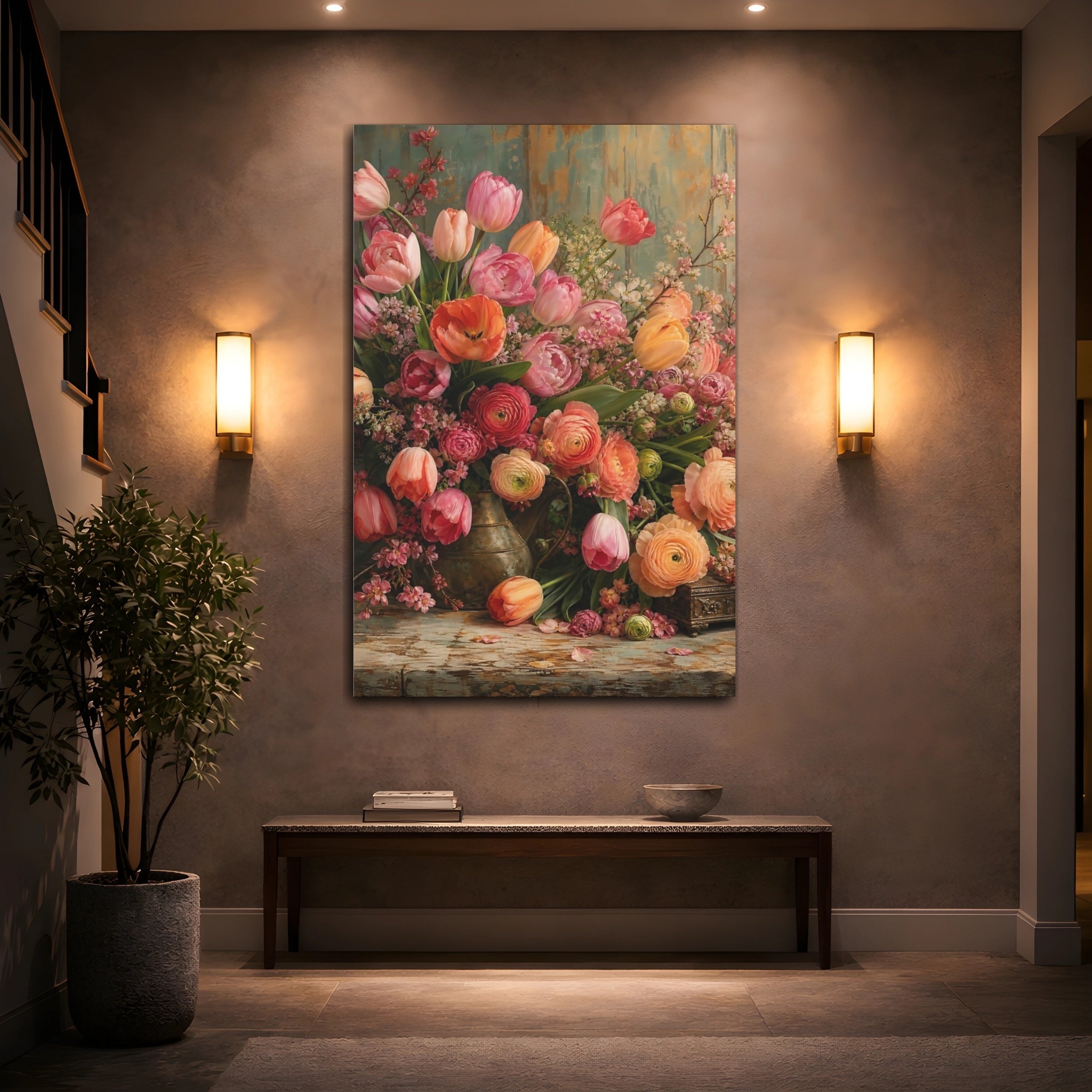 Mockup 2. Floral Floral Bouquet Pink Orange Floral shown as stretched canvas wall art