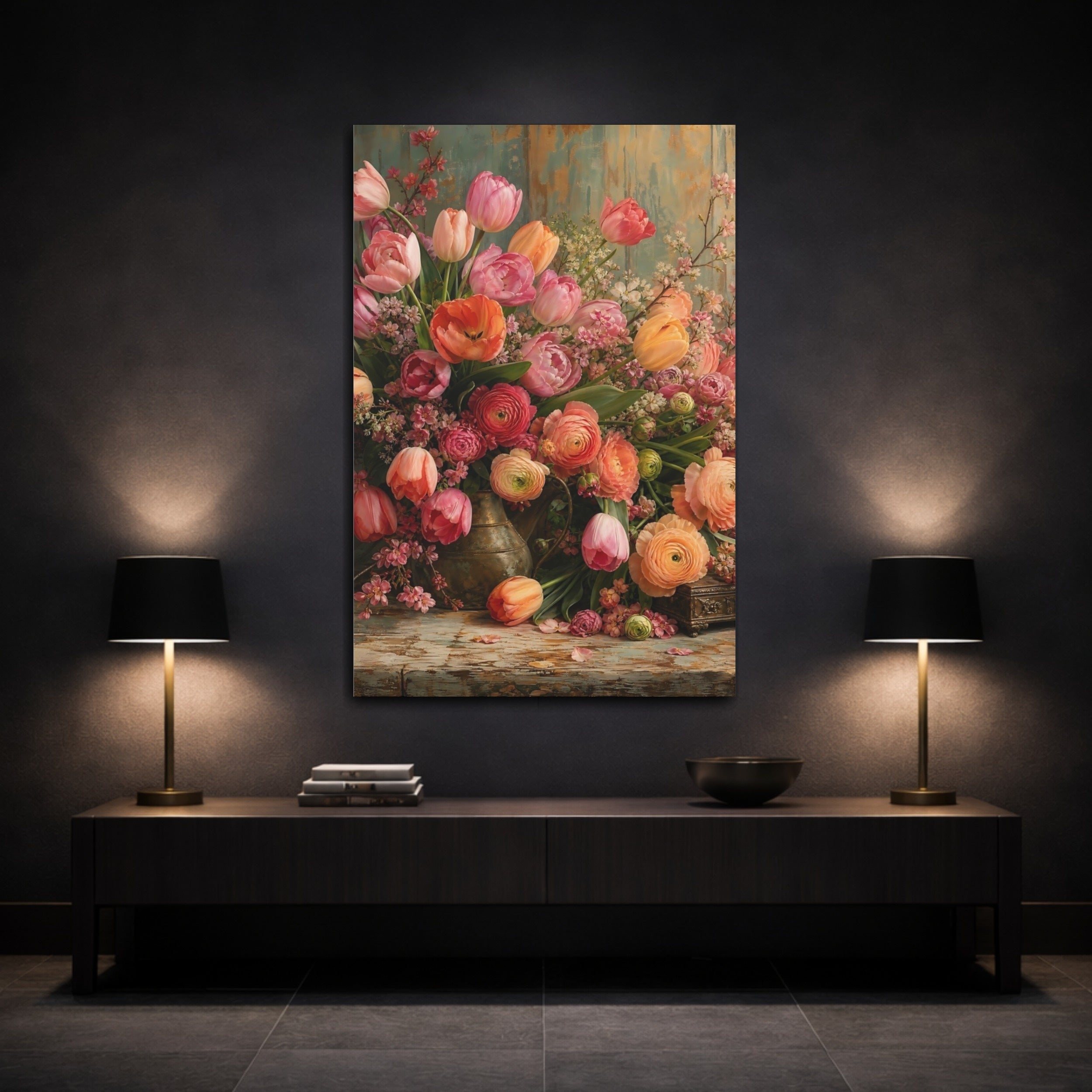 Mockup 3. Floral Floral Bouquet Pink Orange Floral shown as stretched canvas wall art