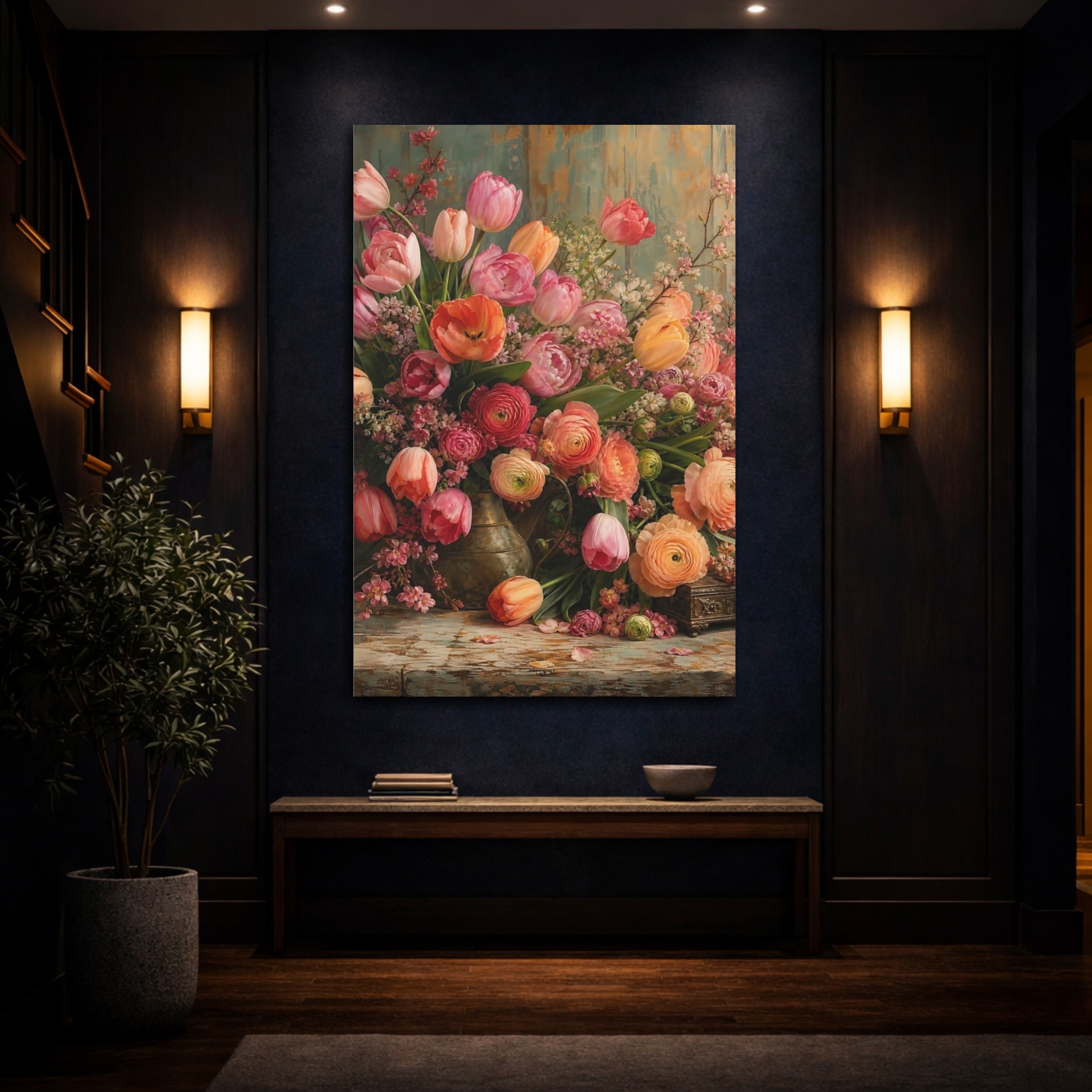 Mockup 4. Floral Floral Bouquet Pink Orange Floral shown as stretched canvas wall art