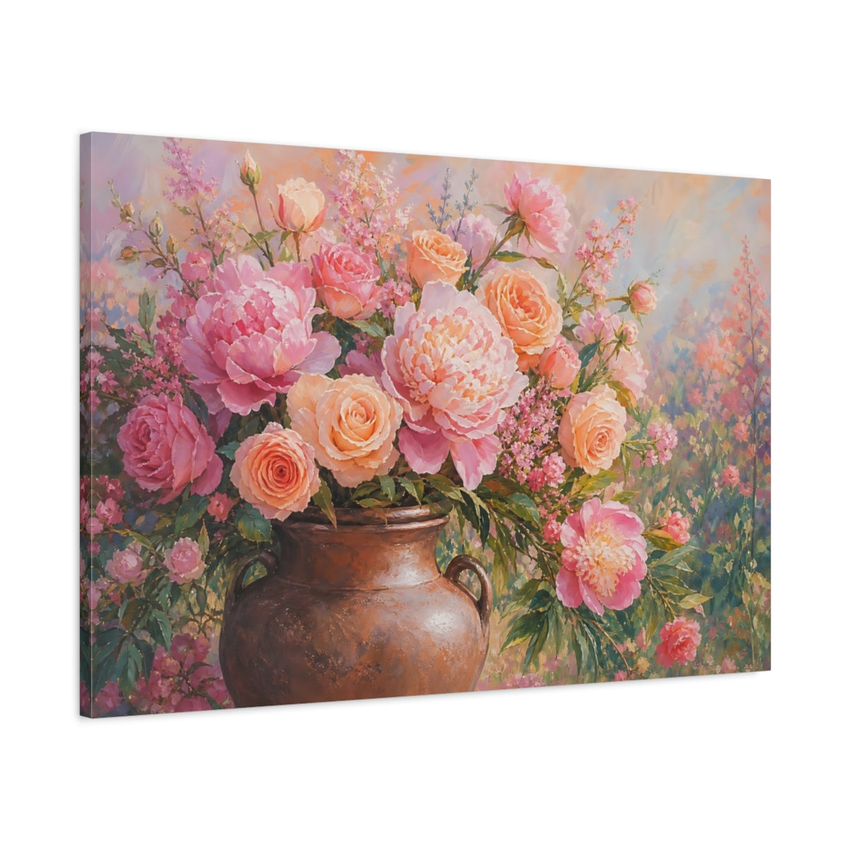 Main Mockup. Floral Floral Bouquet Pink Peach Floral shown as stretched canvas wall art