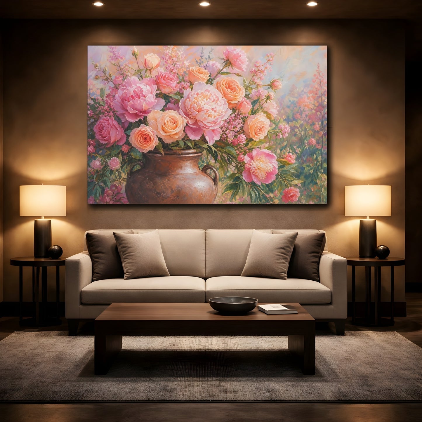 Mockup 2. Floral Floral Bouquet Pink Peach Floral shown as stretched canvas wall art