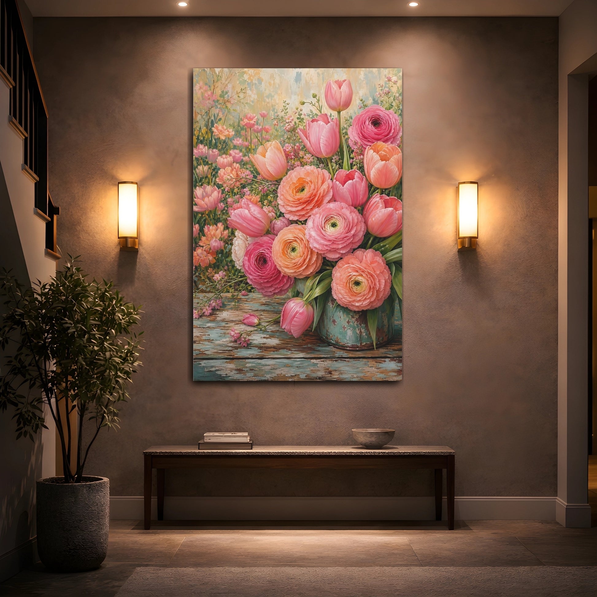 Mockup 2. Floral Floral Bouquet Pink Peach Floral shown as stretched canvas wall art