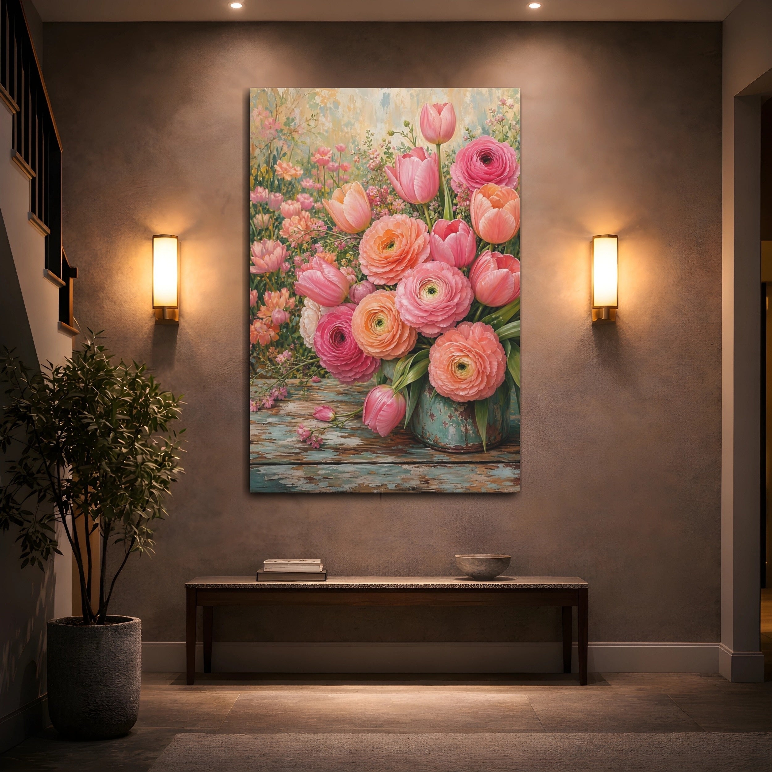 Mockup 2. Floral Floral Bouquet Pink Peach Floral shown as stretched canvas wall art