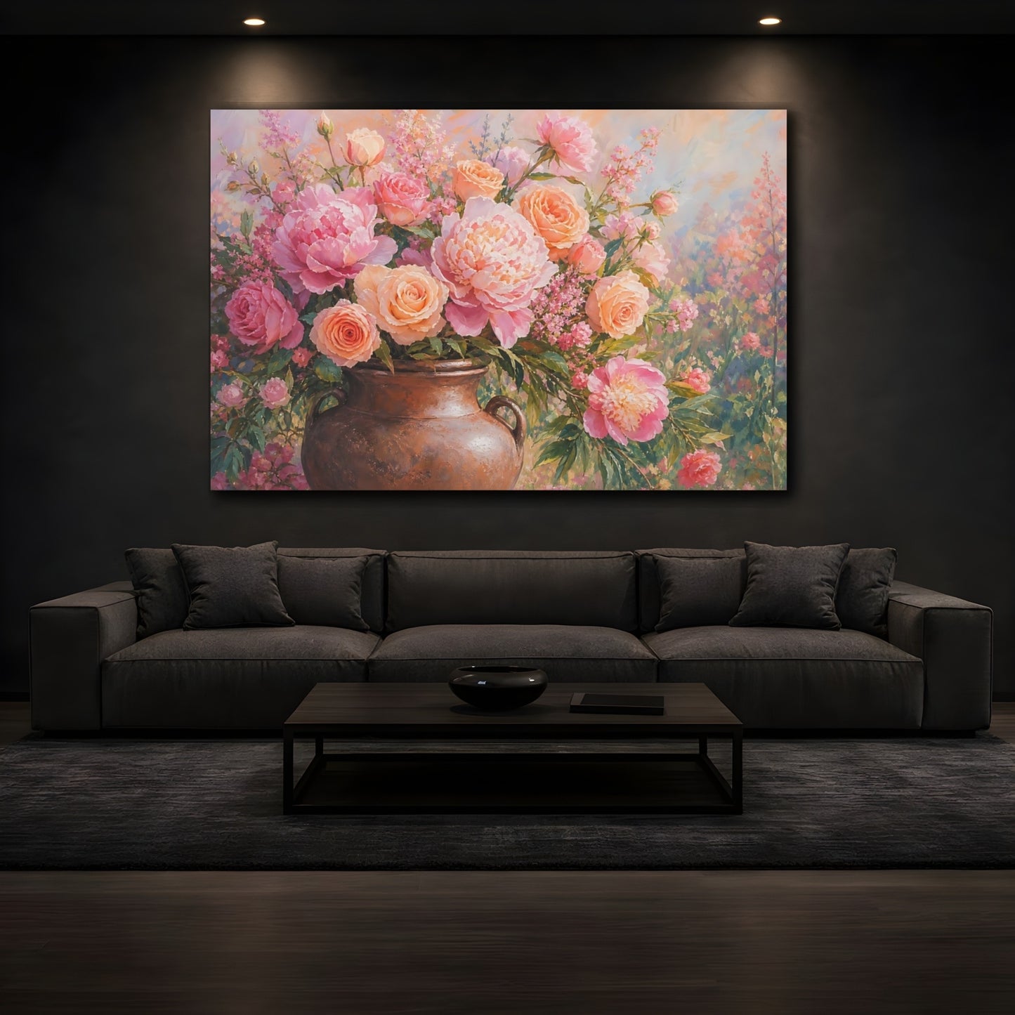 Mockup 3. Floral Floral Bouquet Pink Peach Floral shown as stretched canvas wall art