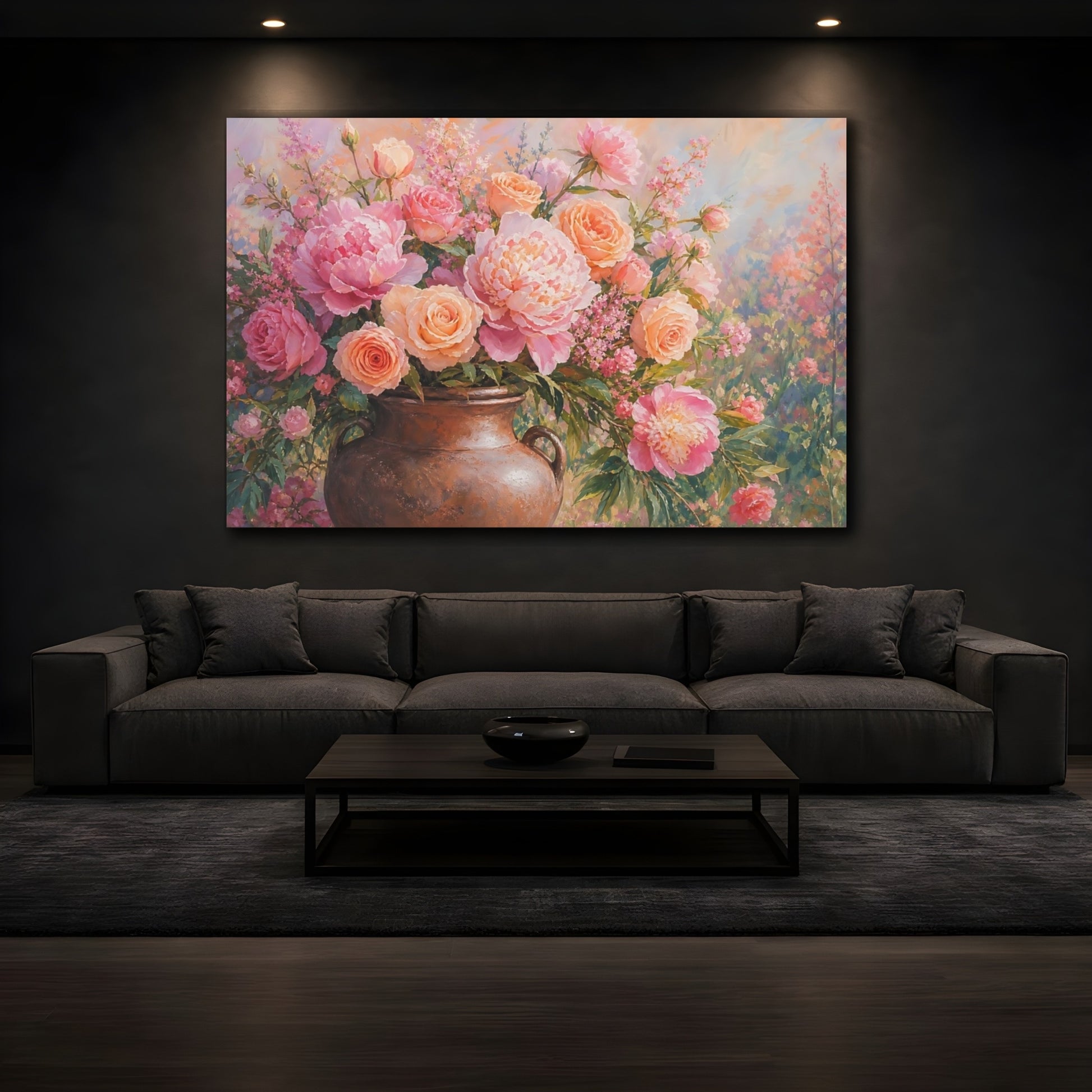 Mockup 3. Floral Floral Bouquet Pink Peach Floral shown as stretched canvas wall art