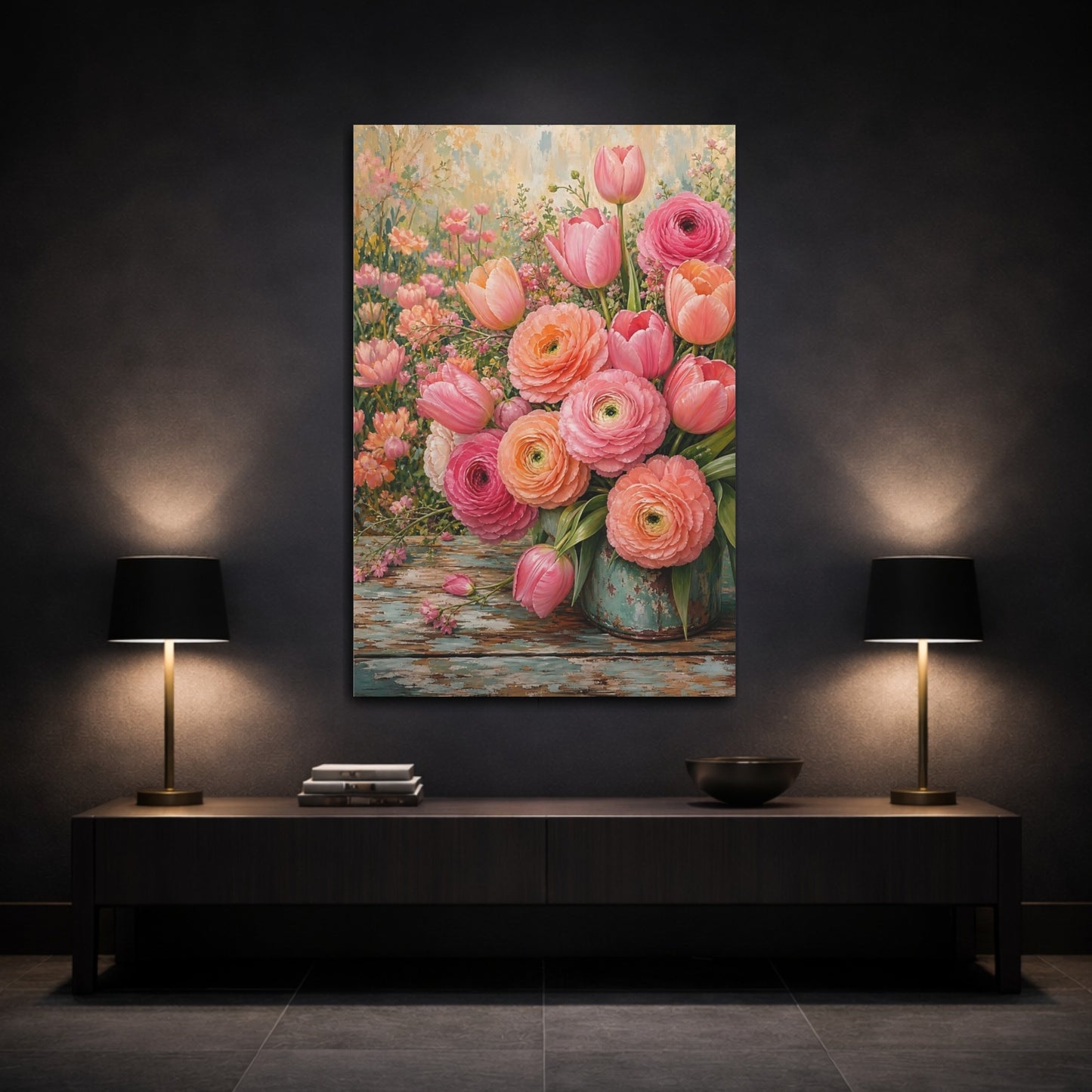 Mockup 3. Floral Floral Bouquet Pink Peach Floral shown as stretched canvas wall art