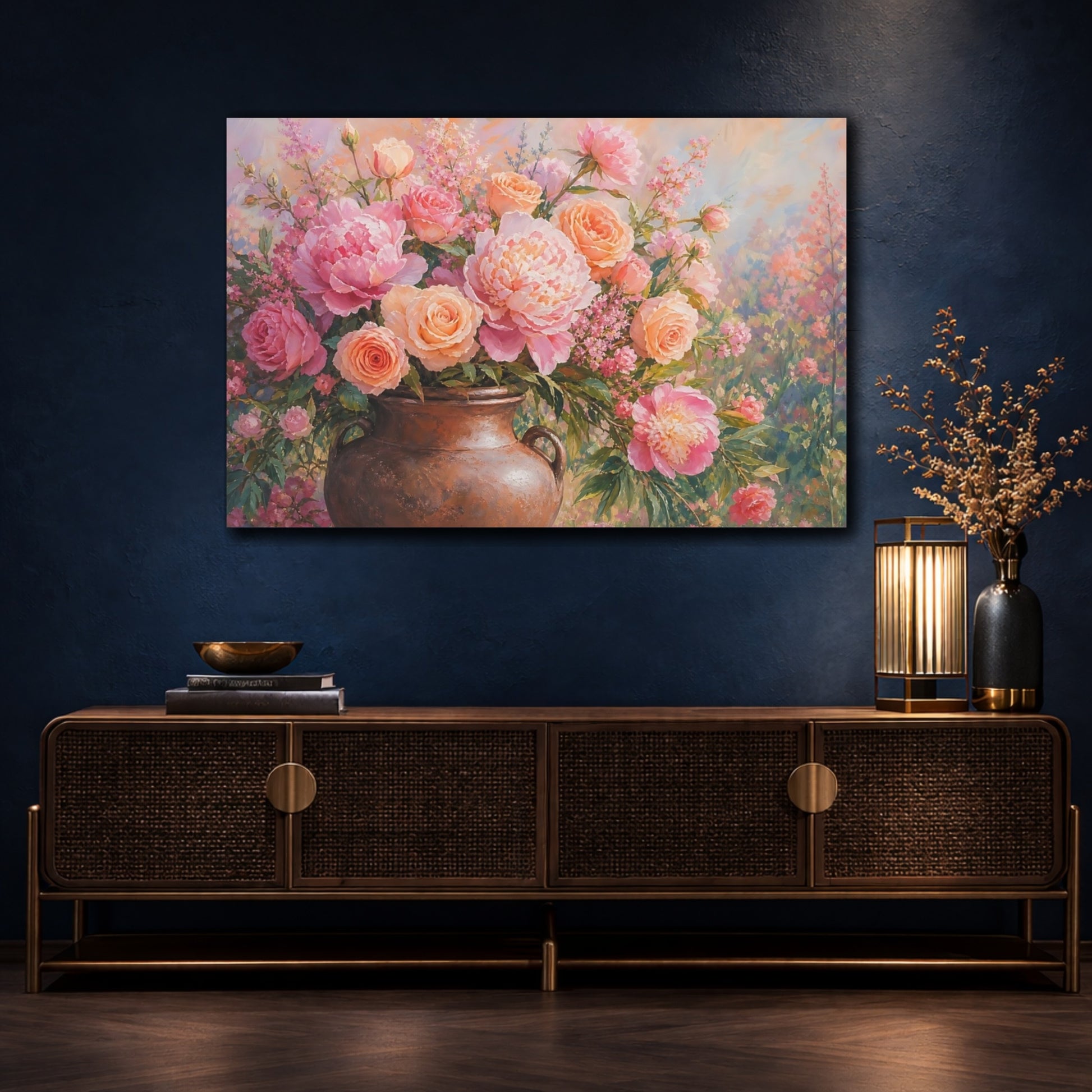 Mockup 4. Floral Floral Bouquet Pink Peach Floral shown as stretched canvas wall art