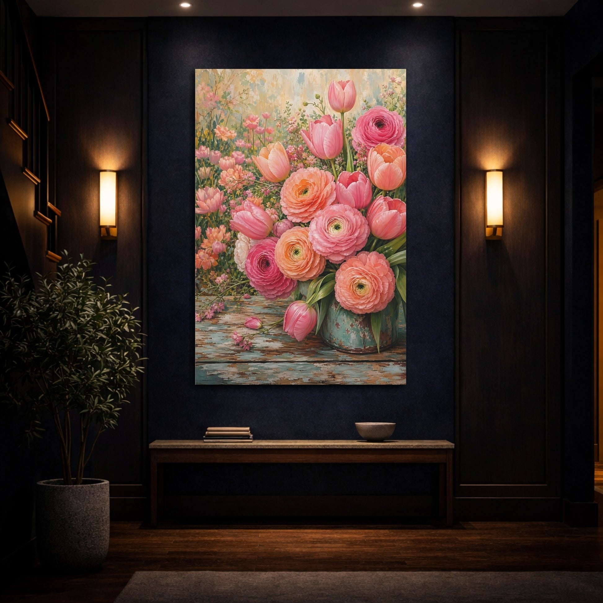 Mockup 4. Floral Floral Bouquet Pink Peach Floral shown as stretched canvas wall art