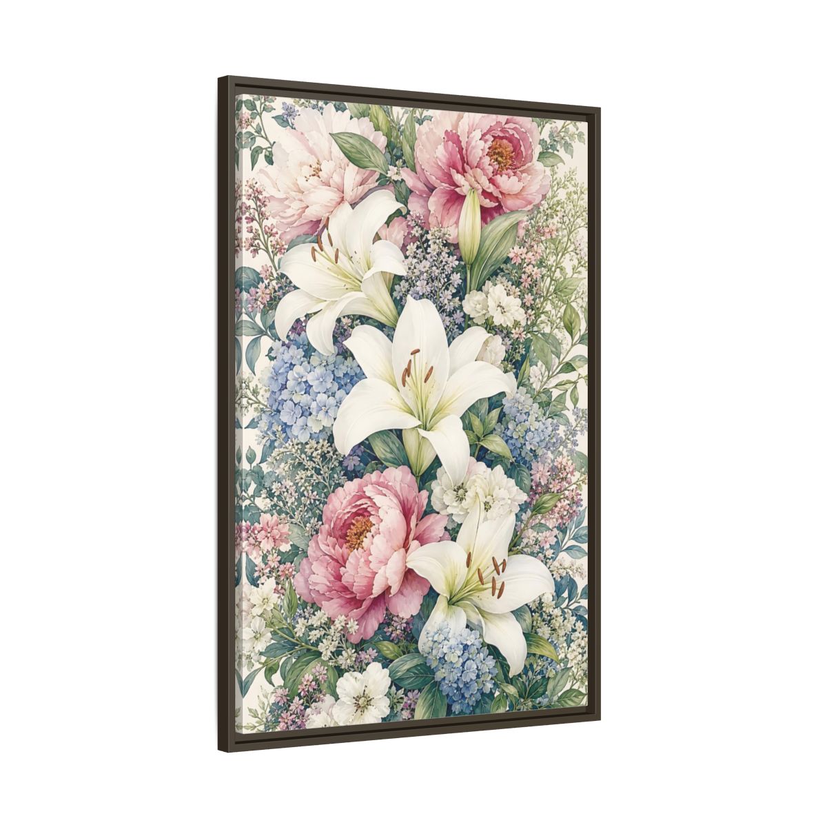 Main Mockup. Floral Floral Bouquet Pink White Floral shown as stretched canvas wall art
