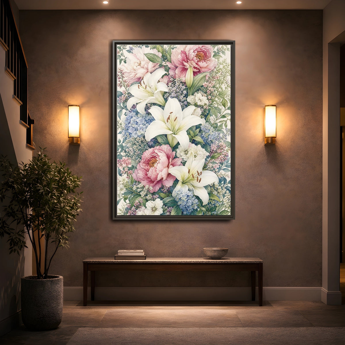 Mockup 2. Floral Floral Bouquet Pink White Floral shown as stretched canvas wall art