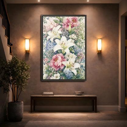 Mockup 2. Floral Floral Bouquet Pink White Floral shown as stretched canvas wall art