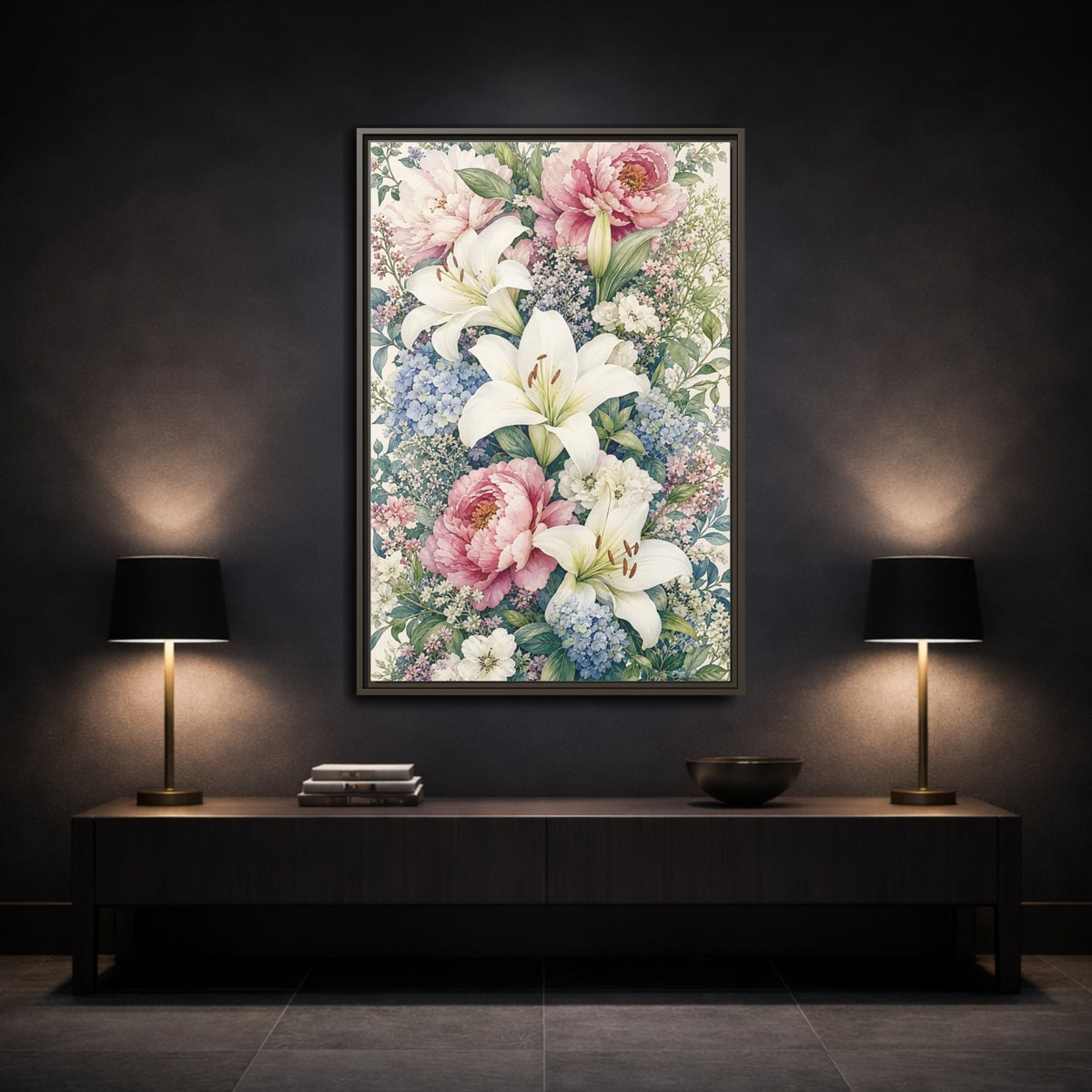 Mockup 3. Floral Floral Bouquet Pink White Floral shown as stretched canvas wall art