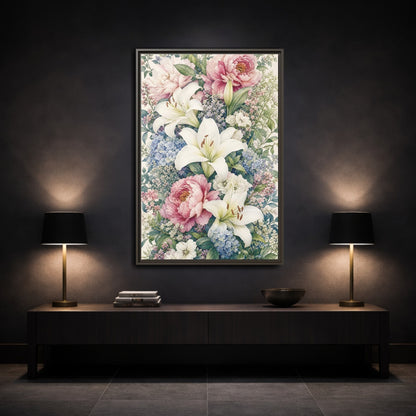 Mockup 3. Floral Floral Bouquet Pink White Floral shown as stretched canvas wall art