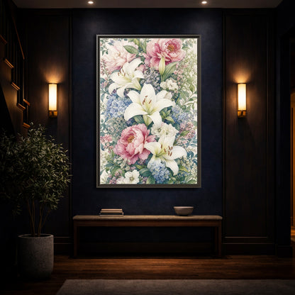 Mockup 4. Floral Floral Bouquet Pink White Floral shown as stretched canvas wall art