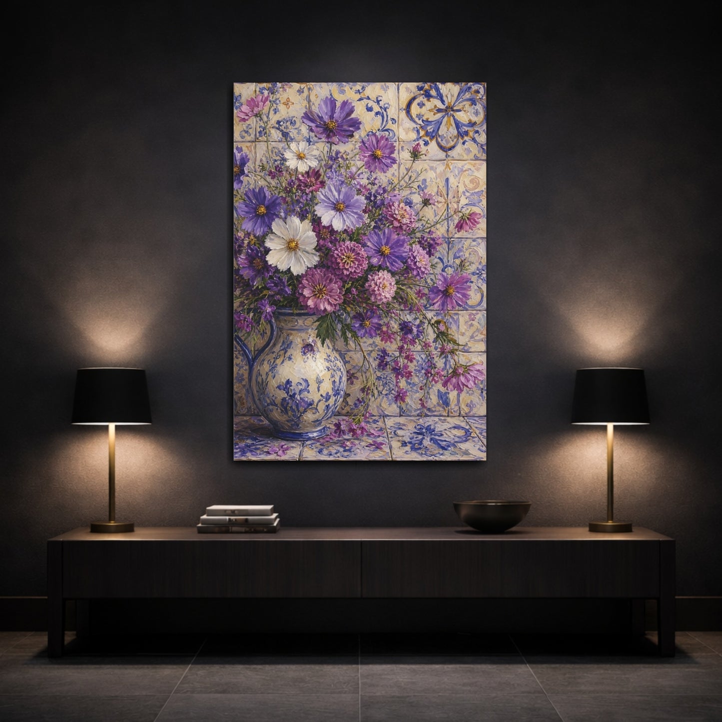 Mockup 3. Floral Floral Bouquet Purple Floral Bouquet shown as stretched canvas wall art
