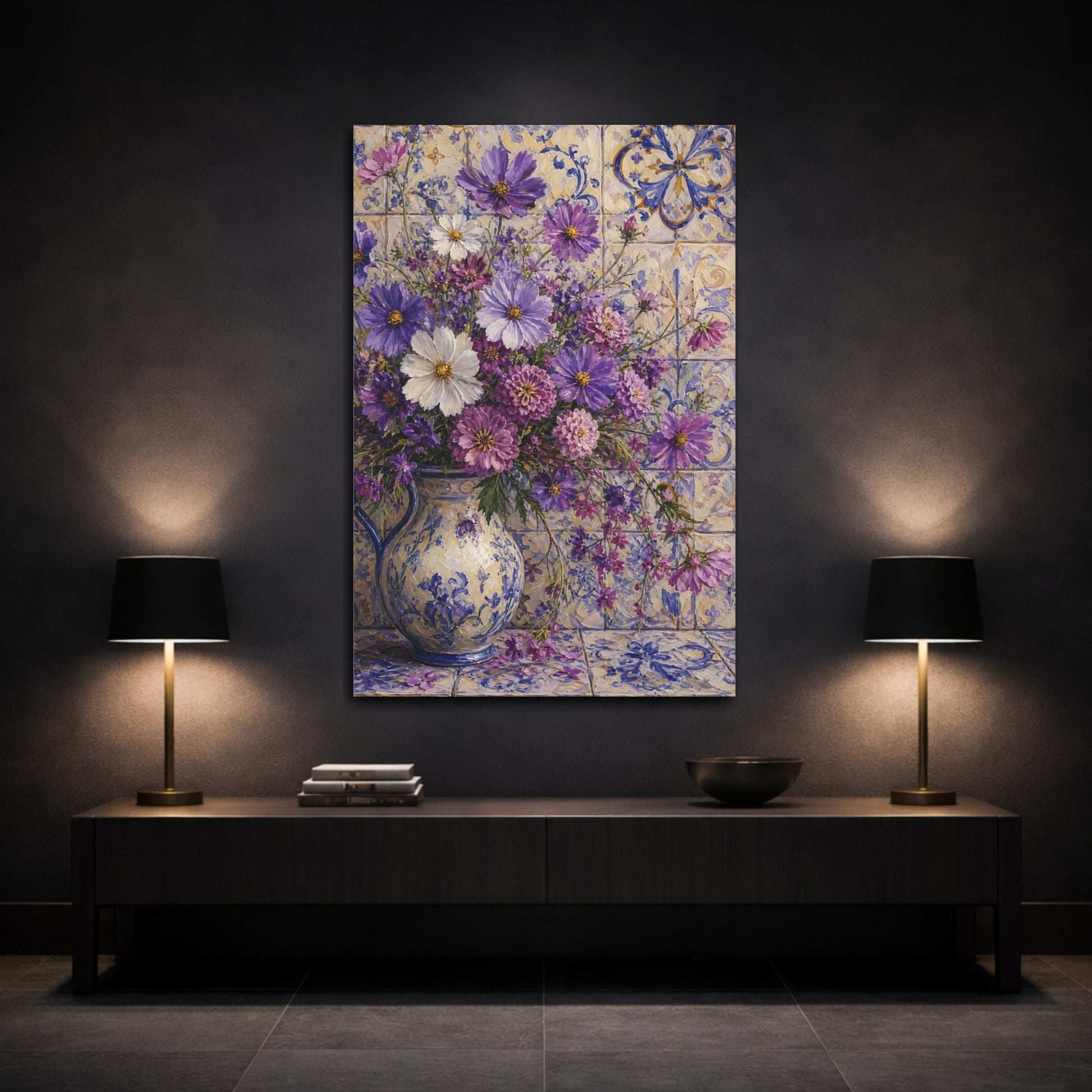 Mockup 3. Floral Floral Bouquet Purple Floral Bouquet shown as stretched canvas wall art