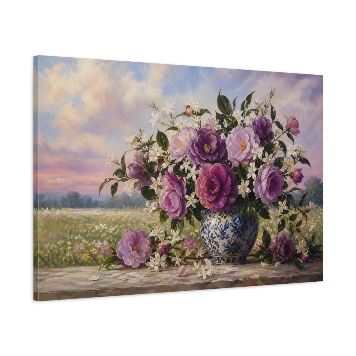 Main Mockup. Floral Floral Bouquet Purple Floral shown as stretched canvas wall art