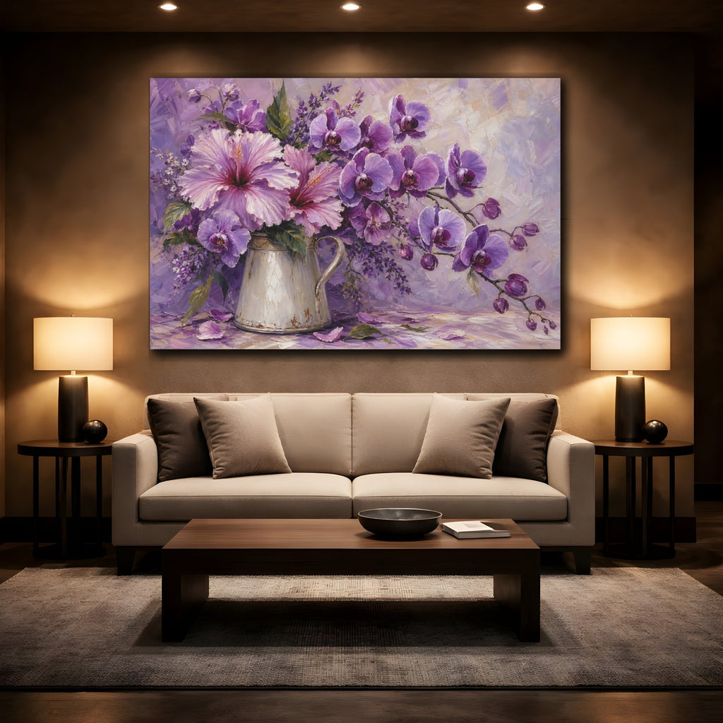 Mockup 2. Floral Floral Bouquet Purple Floral shown as stretched canvas wall art