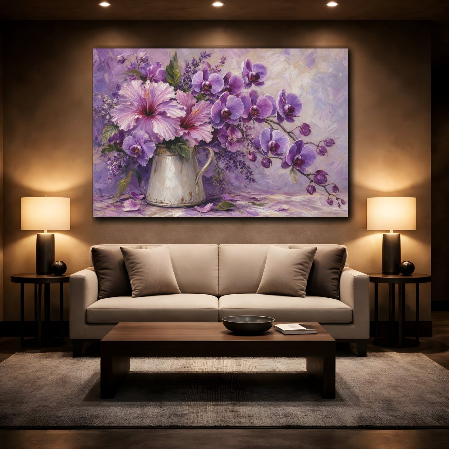 Mockup 2. Floral Floral Bouquet Purple Floral shown as stretched canvas wall art