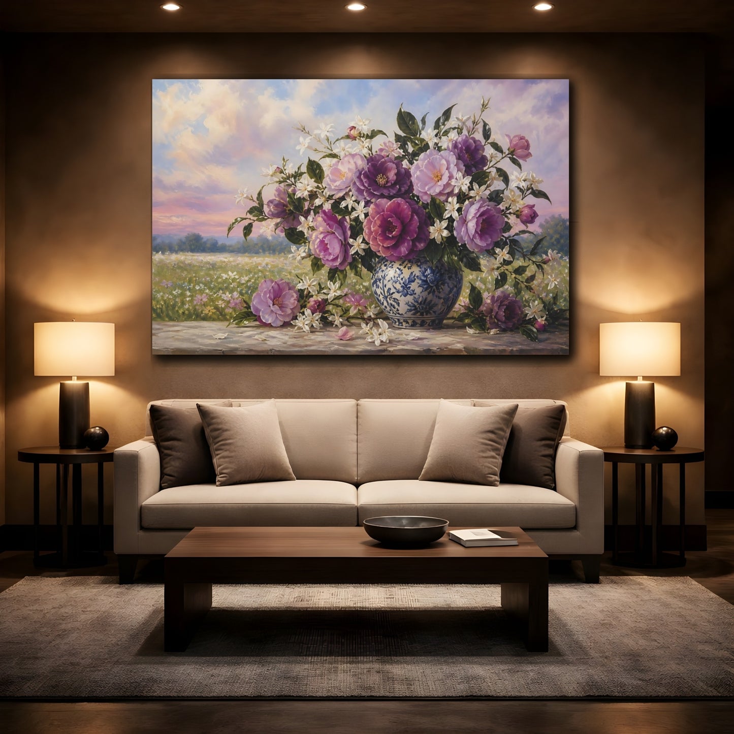 Mockup 2. Floral Floral Bouquet Purple Floral shown as stretched canvas wall art