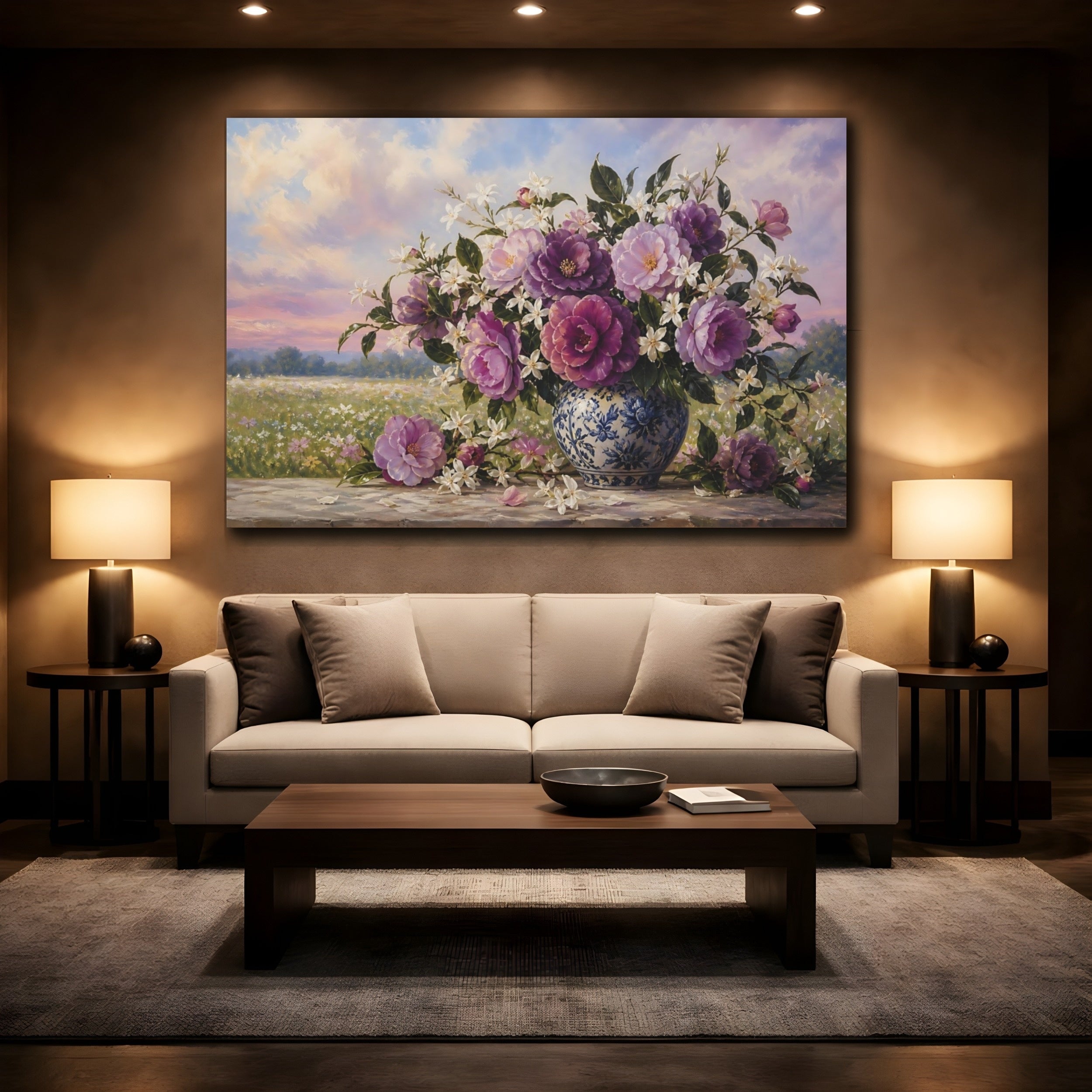 Mockup 2. Floral Floral Bouquet Purple Floral shown as stretched canvas wall art