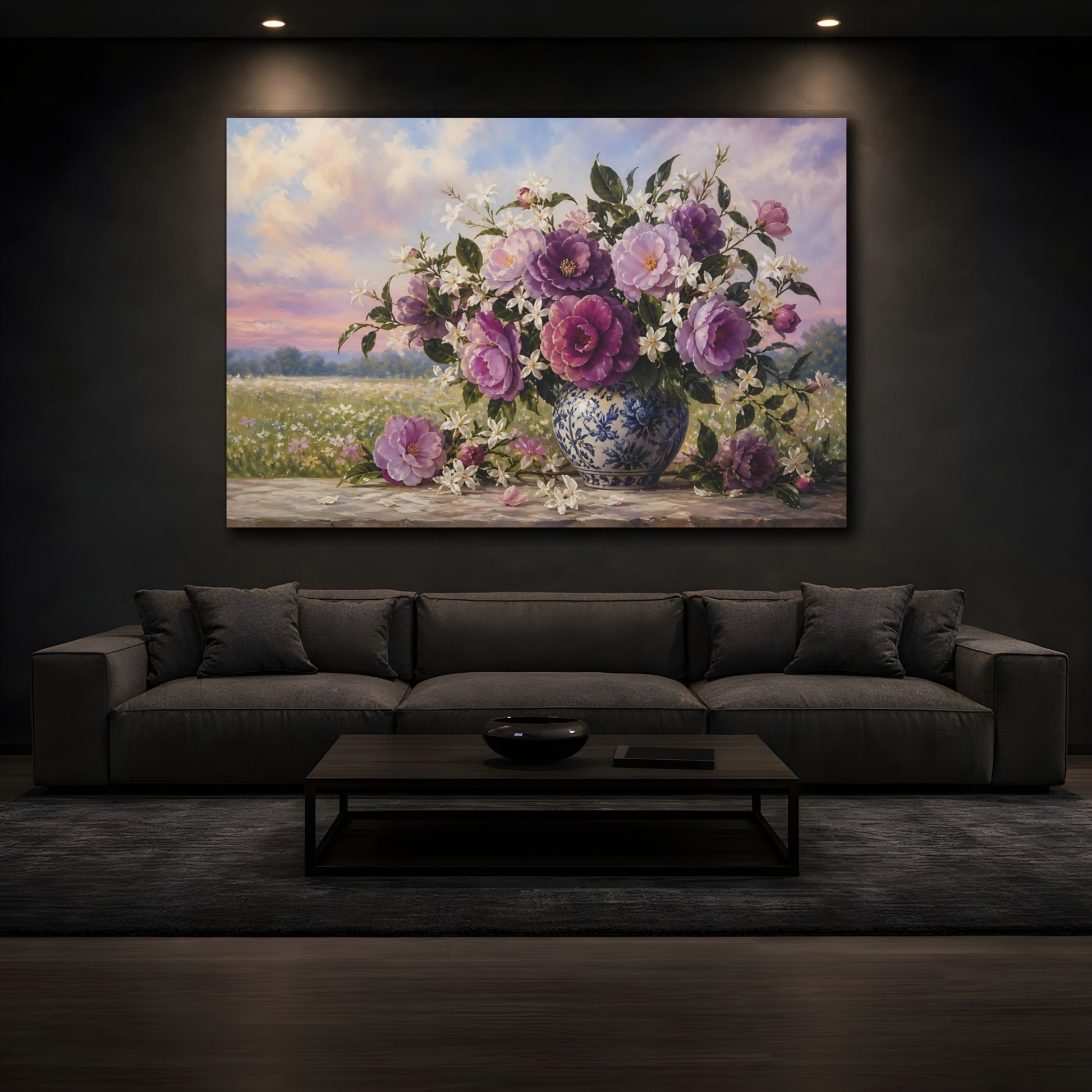 Mockup 3. Floral Floral Bouquet Purple Floral shown as stretched canvas wall art